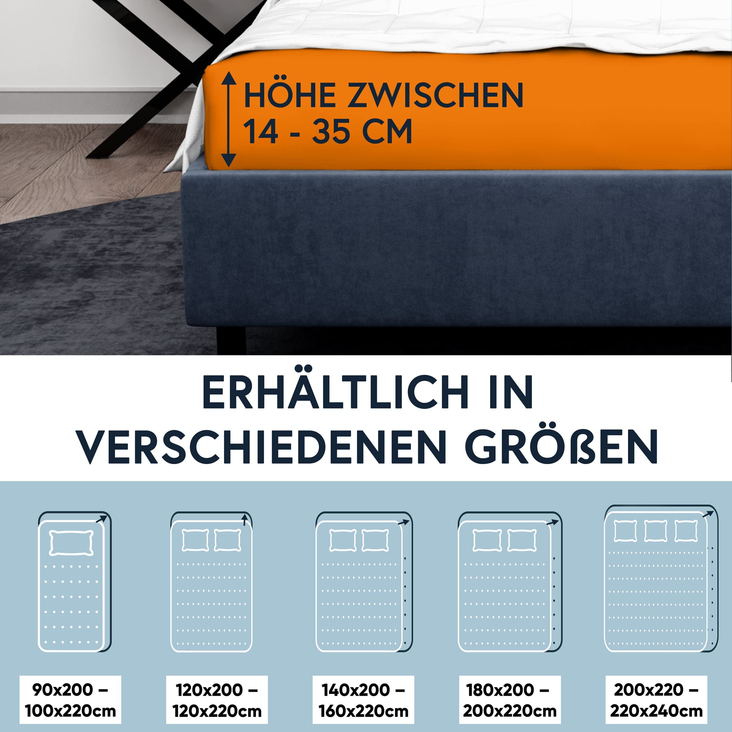Moon - Luksusowe prześcieradło z gumką Jersey Stretch 230 g/m² do łóżek wodnych, łóżek kontynentalnych i tradycyjnych materacy (kolor pomarańczowy, 200 x 220 – 220 x 240)