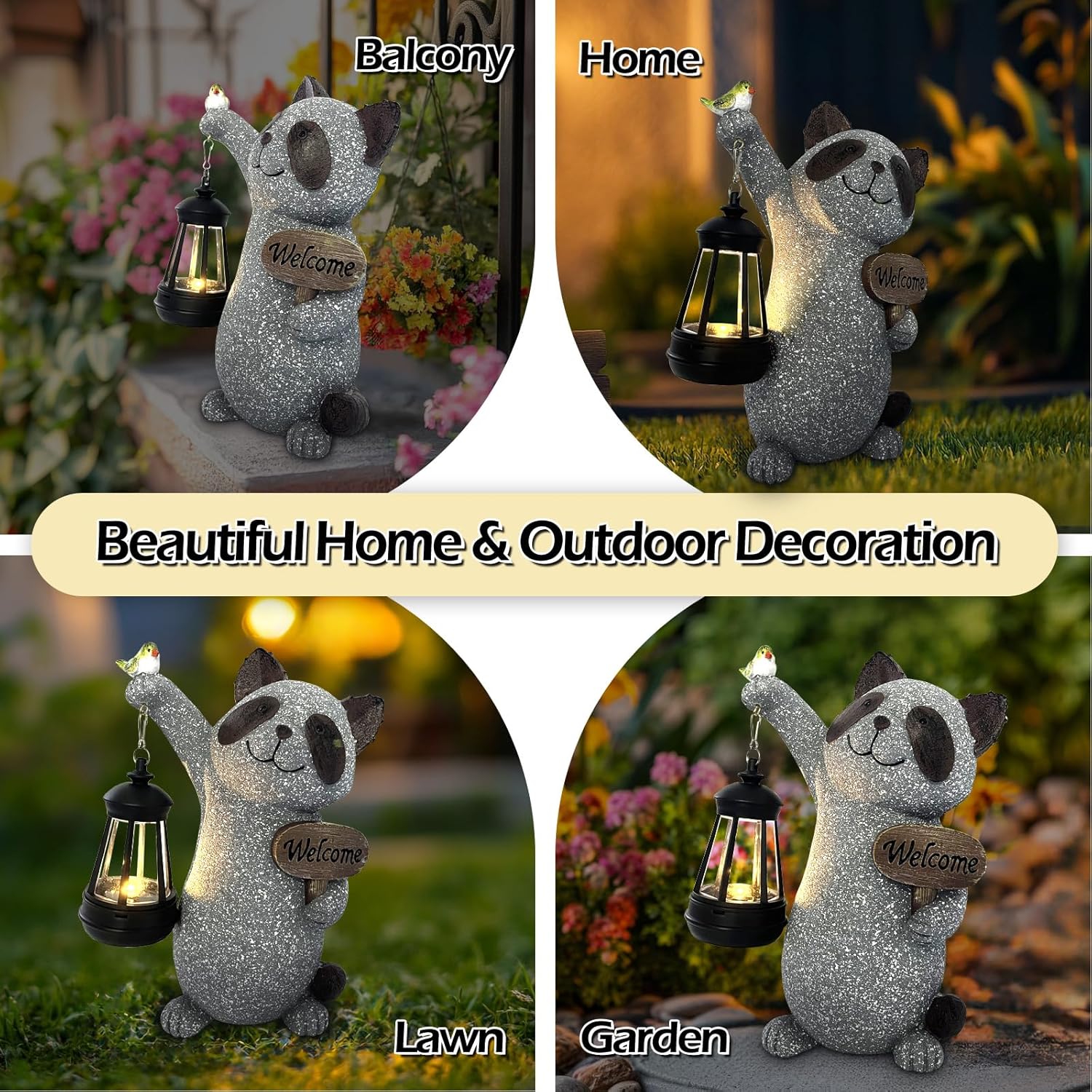 Raccoon Garden Statue with Solar Lantern, Cute Raccoon Figurine Light with Welcome Sign and Bird for Outdoor Patio Balcony Yard, Unique Resin Statue for Mom Grandma Women
