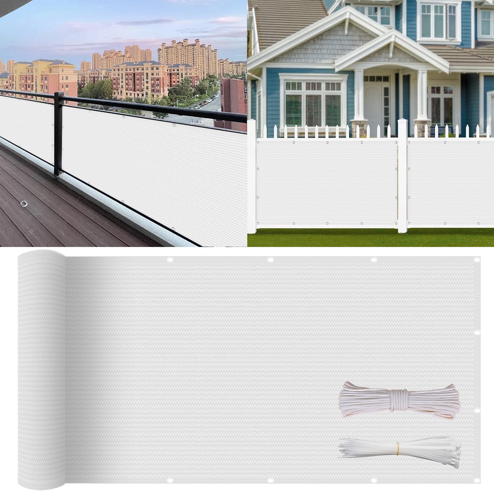 Copri Balcone 200 x 580 cm in HDPE 220G ㎡, Permeabile, Anti-Uv, Frangivento, Protezione Solare, Recinzione Copertura per Balcone con Fascette e Funi para Exterior Terraza, Bianco