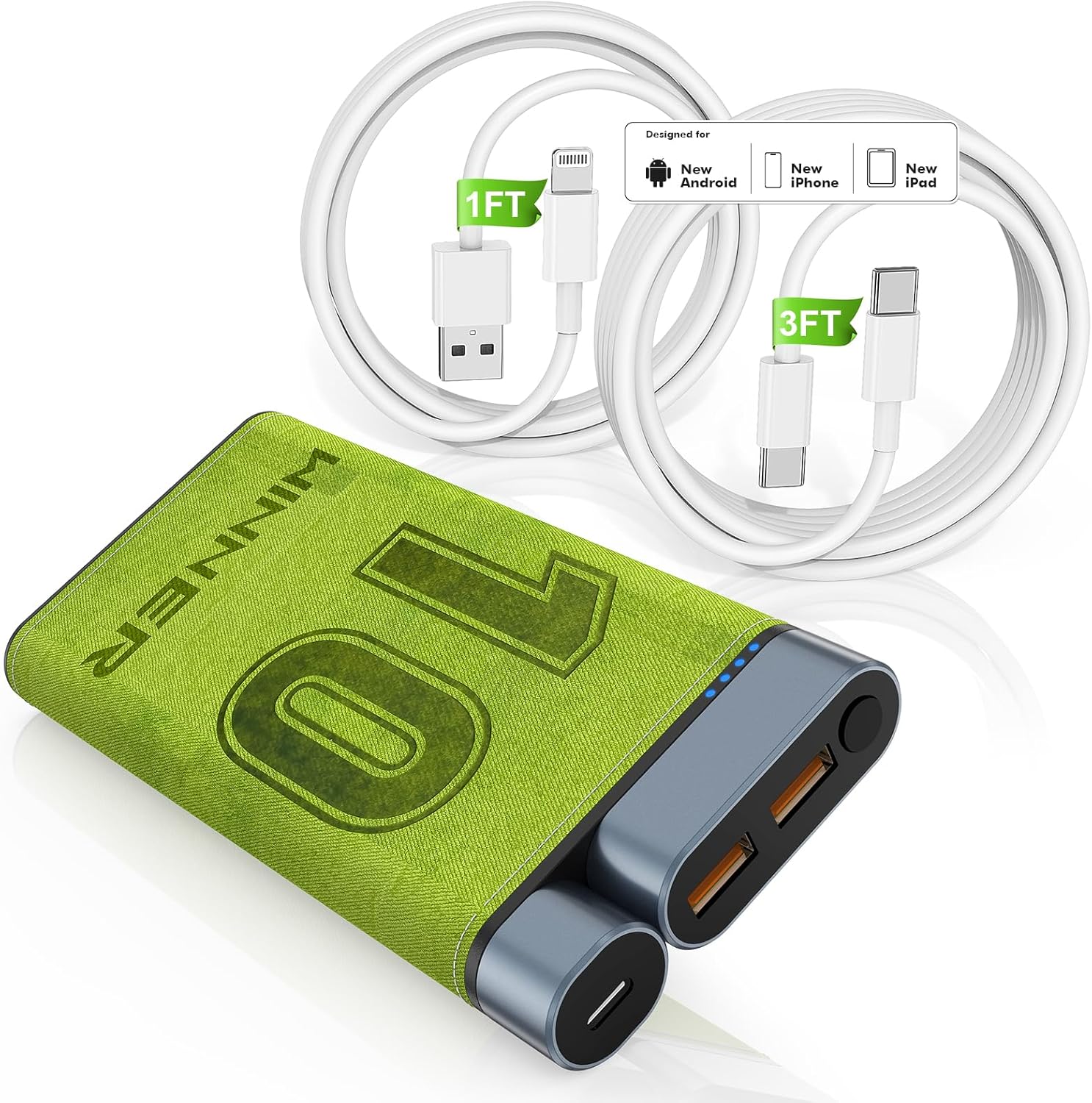 QZVOO Portable Charger, Power Bank with Cords, 10000mAh/22.5W Battery Pack with USB