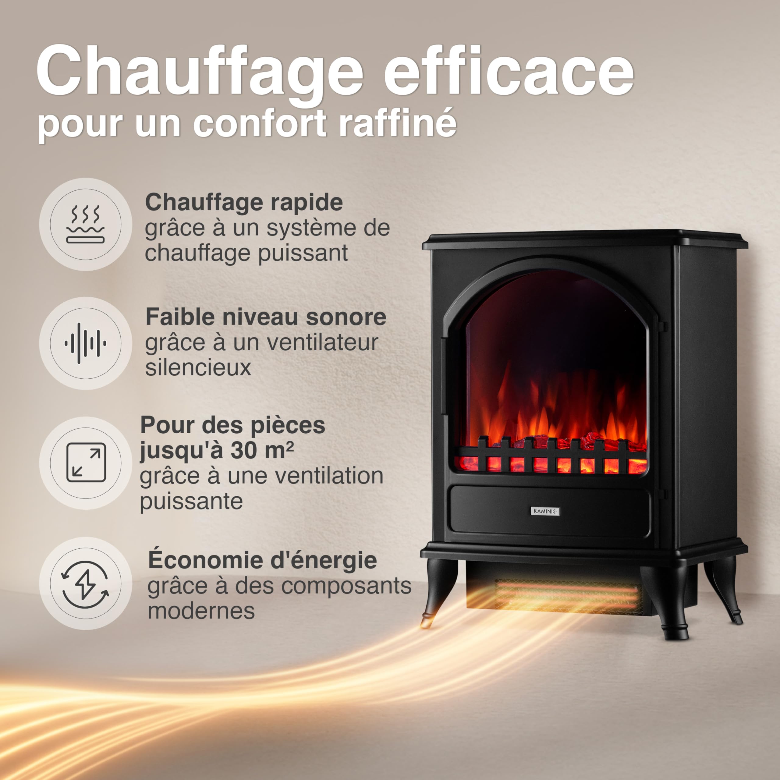 KAMINIO Cheminée électrique Leni - Poêle électrique avec Chauffage, Effet de Flamme 3D (Noir)