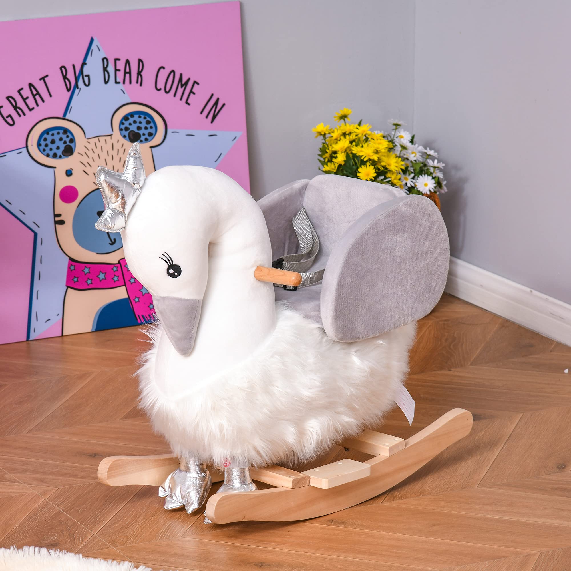 HOMCOM Cavallo a Dondolo per Bambini a Forma di Cigno, Dondolo Giocattolo Cavalcabile per Bambini 18-36 Mesi (Max 40kg), in Legno di Pioppo e Peluche, Bianco e Grigio