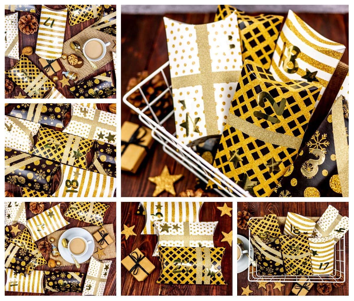 Papierdrachen 24 x Pillowbox Advent Calendar Boxes with Washitape and Gold Number Stickers, 24 Pillow Shaped Cardboard Boxes - Image 3