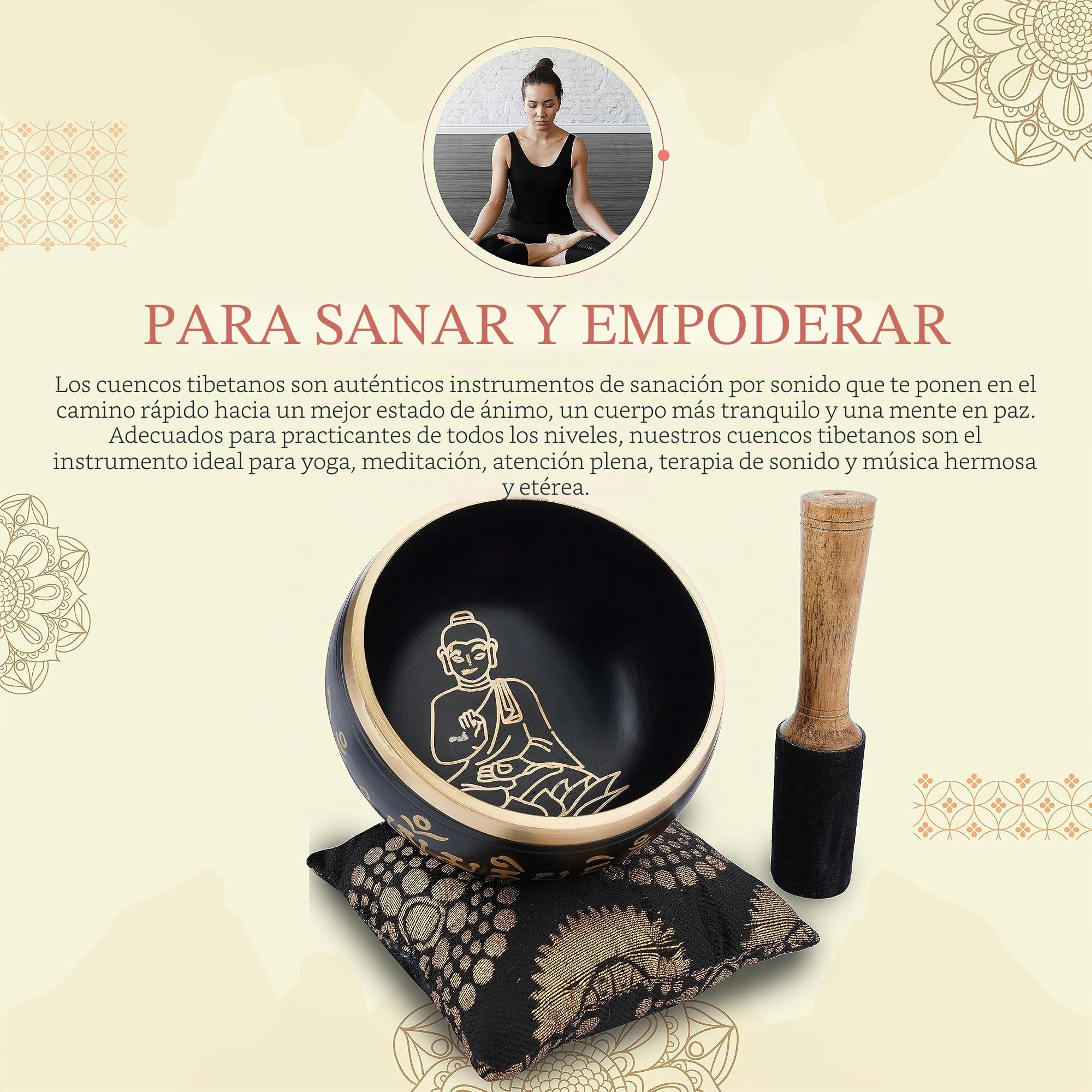 Ajuny - Cuenco budista tibetano para cantar, Buda sentado, sonido de meditacion de campana OM negra, 4 pulgadas de diametro para accesorios de relajacion y meditacion, palo y cojin incluidos