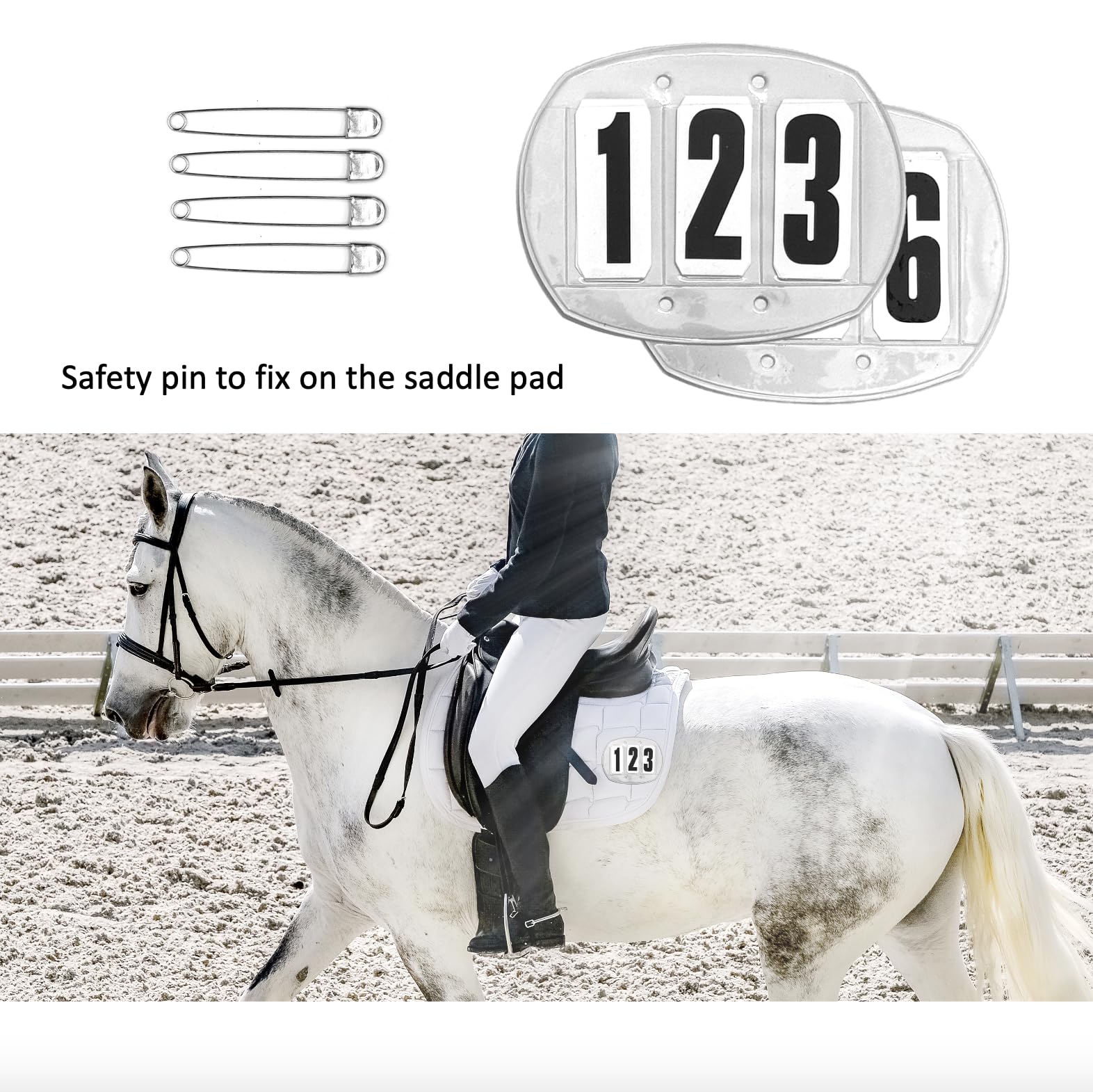 JA7001 JA Horse - Numero di inizio, numero di testa per torneo, coppia a 3 cifre, ordine a 4 cifre, numeri da torneo per cavallo, con spille da balia, elastico (3 cifre, spille di sicurezza)