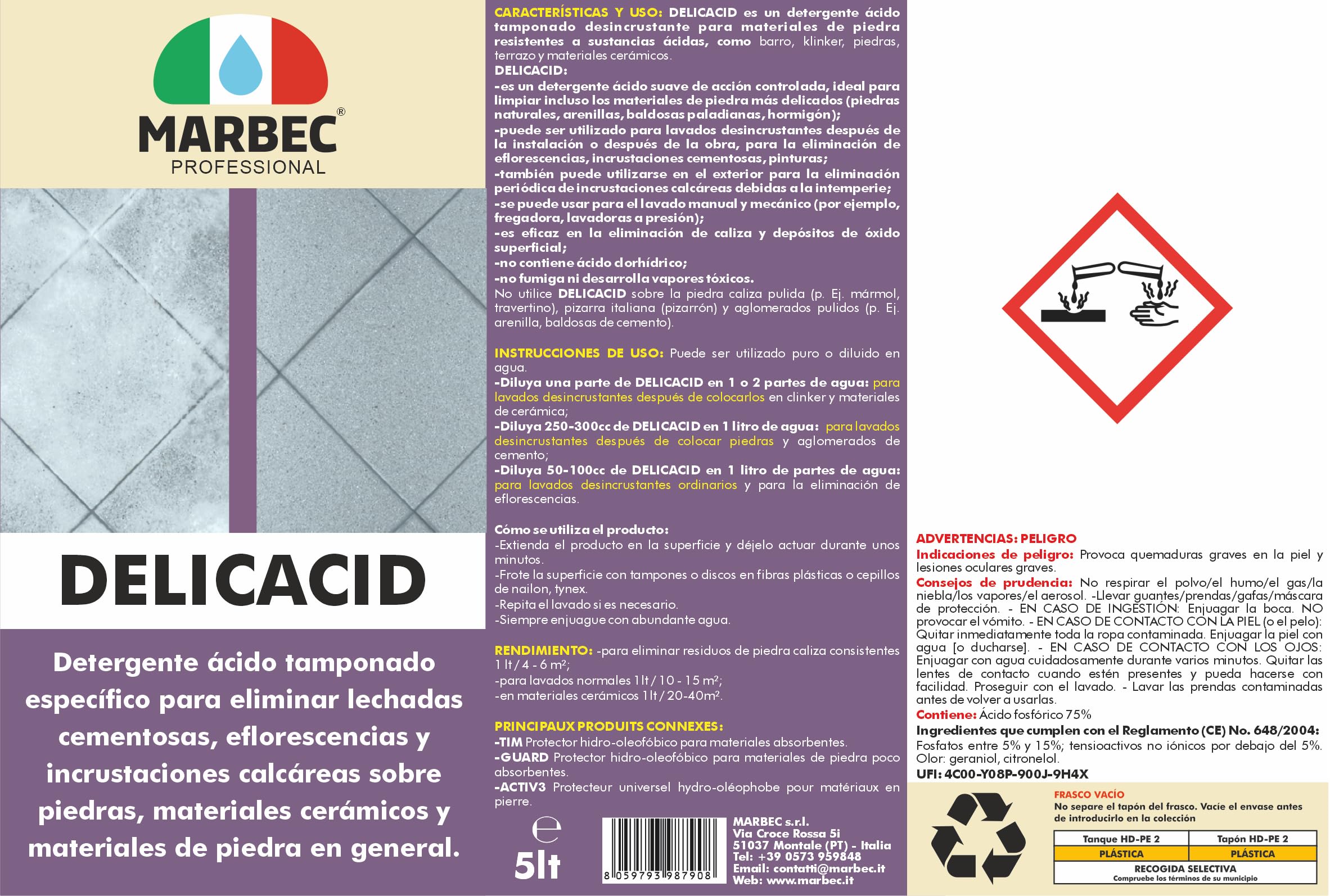 MARBEC DELICACID 5LTx4Uds Ácido tamponado delicado específico para piedras, cerámica y materiales lapídeos incluso delicados