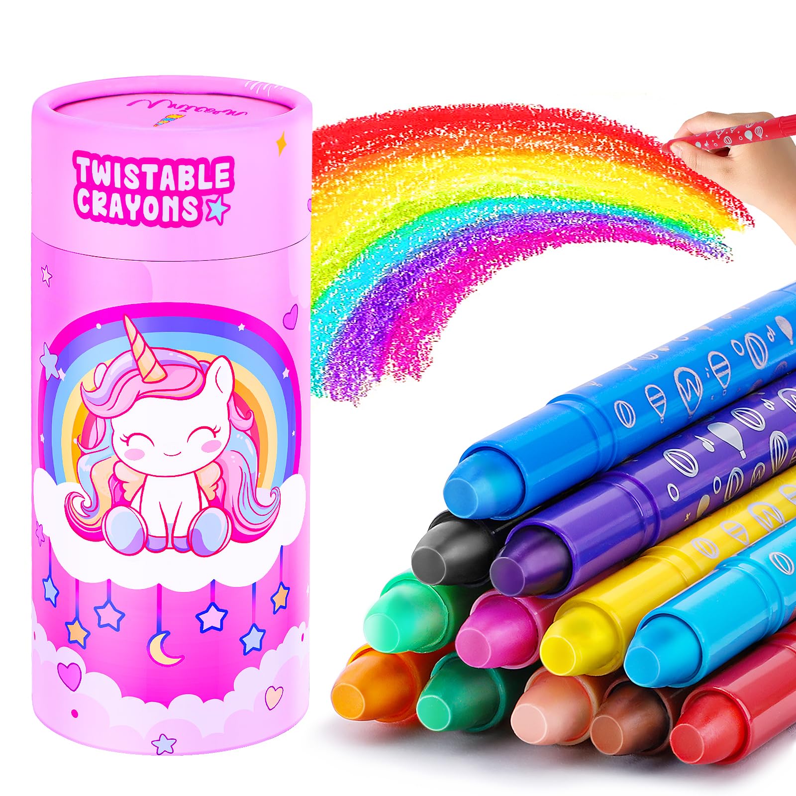 JYPS Unicornio Ceras de Colores para Niños, 12 Pinturas No-Tóxicos de Cera de Colores Bebe 1 2 3 año, Enroscable y Lavables Suministros de Arte, Regalos Pinturas para Niñas