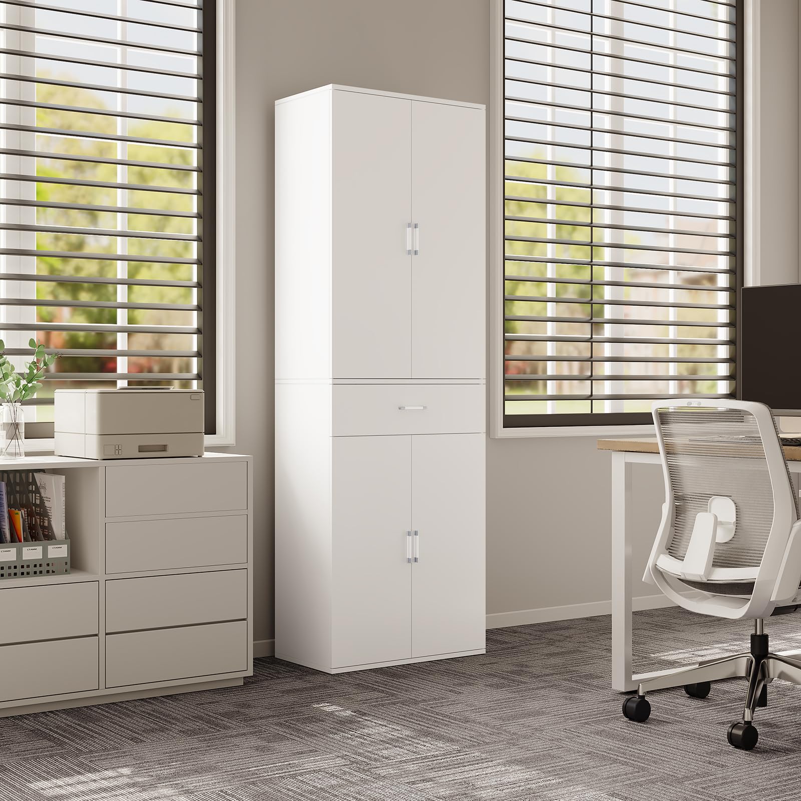 eSituro Meuble Rangement Bureau, Armoire de Rangement, Placard Rangement, 3 Étagères Réglables, 1 Tiroir, en Bois d'Ingénierie, 60x34x180cm, Blanc