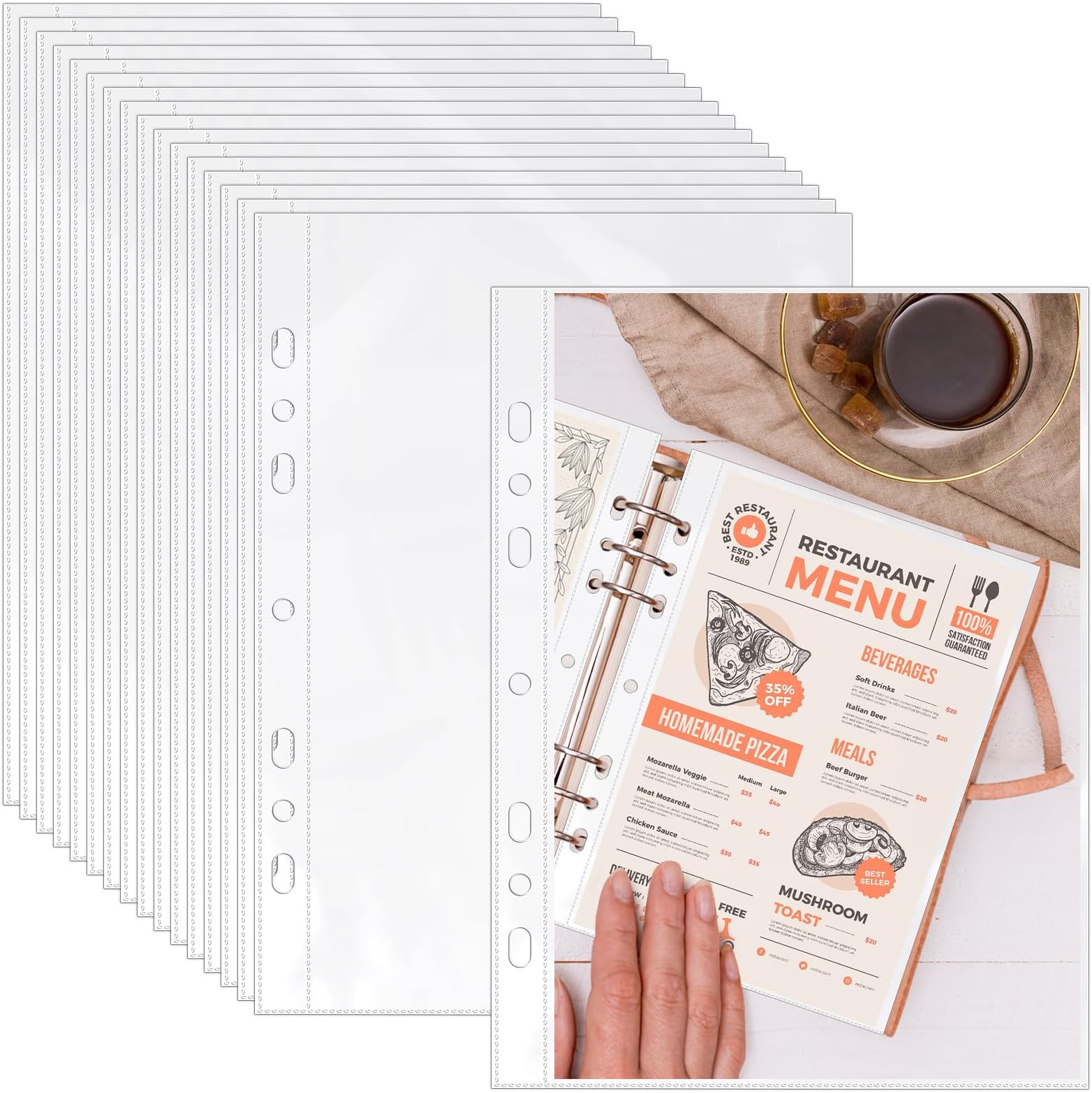 VOKOY 100 Pack 5.5x8.5 Inch Sheet Protectors for 3 or 6 Ring A5 Binder, Half Letter Size 7 Holes Mini Heavy-Duty Sheet Protector Sleeves Crystal Clear Playbill Binder Pockets