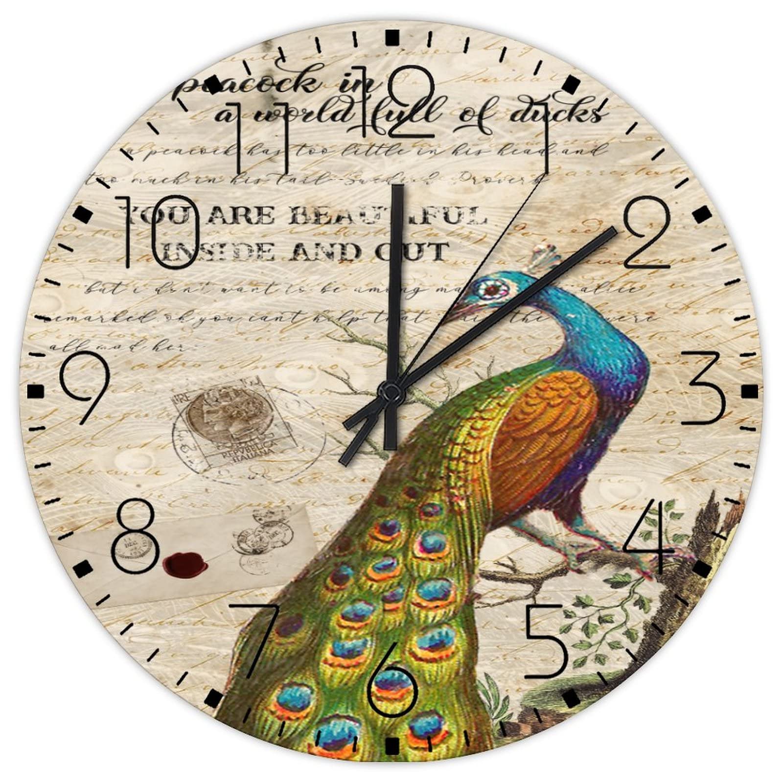 Horloge murale silencieuse paon sans tic-tac avec mouvement de balayage fluide