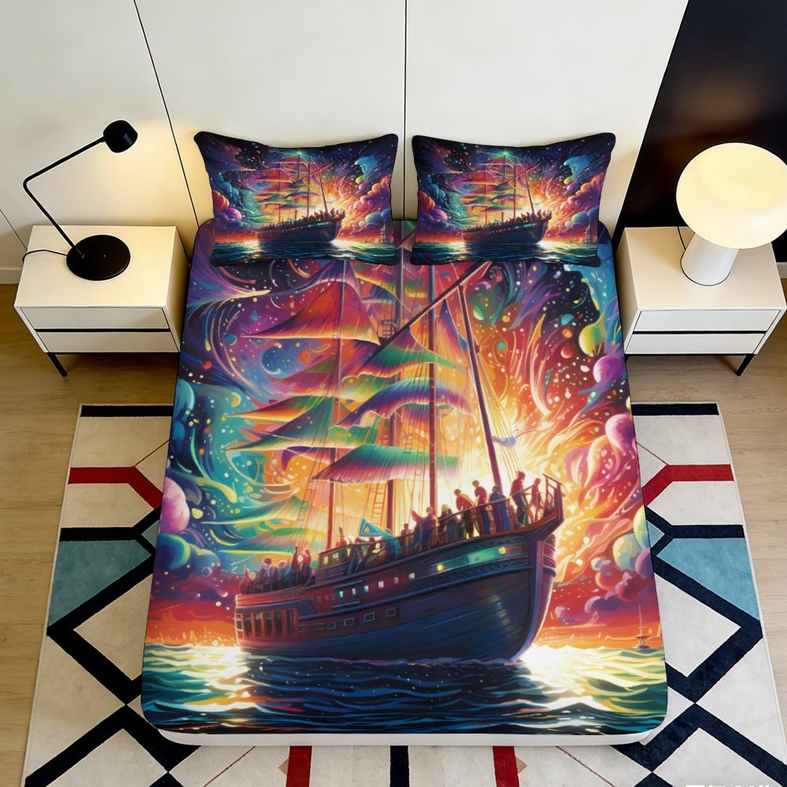 3D Printed Vibrant Sailing Ship Fitted Sheet Microfiber Artistic Sunset Bed Cover for Bedroom Guest Room Decor 90x200x25cm