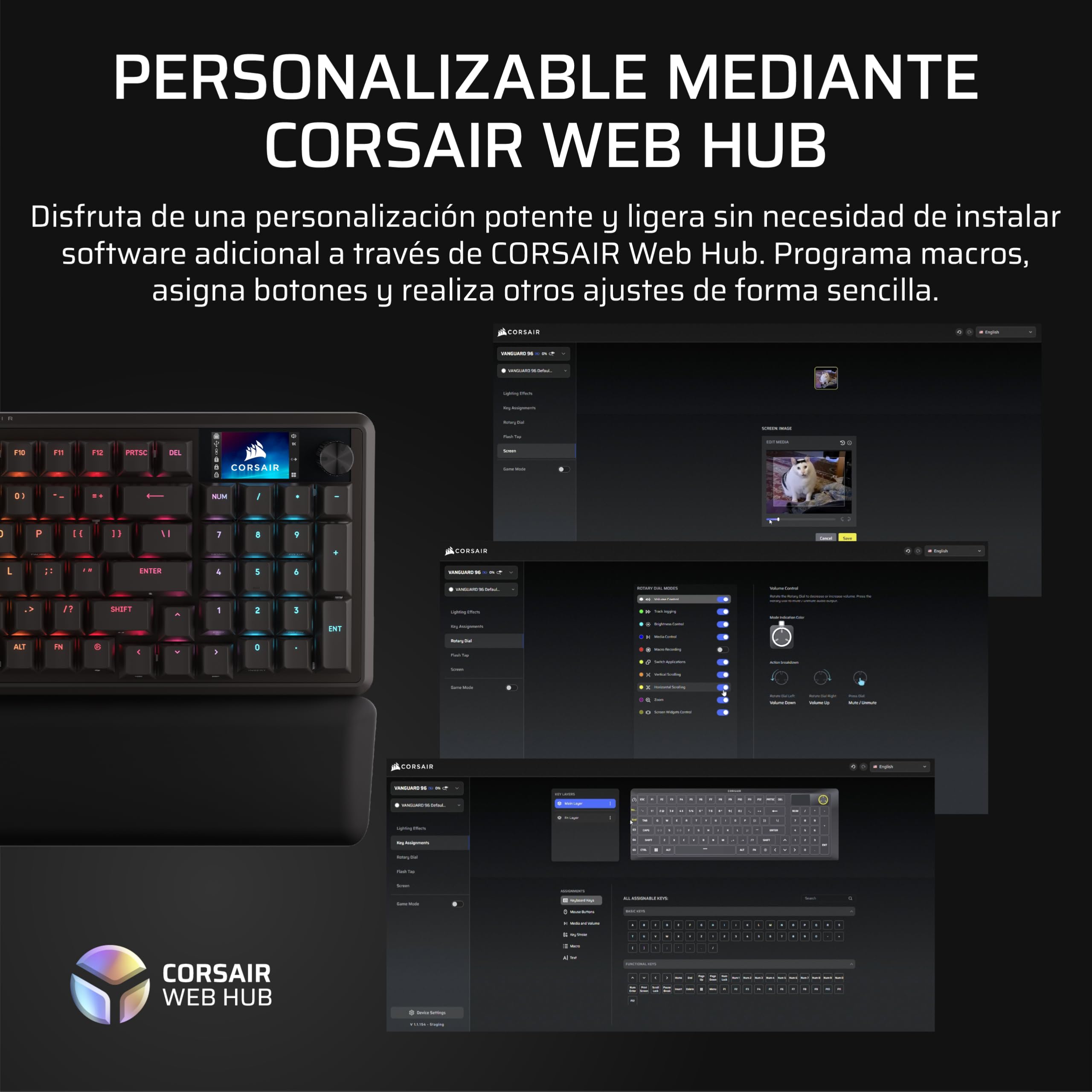 Corsair Vanguard 96 Teclado Mecánico con Cable para Juegos– Negro | QWERTY ES, Formato 96%, Interruptor Lineal de Plasma MLX, 8000Hz, Pantalla LCD, Virtual Stream Deck, Botones G, Flashtap SOCD