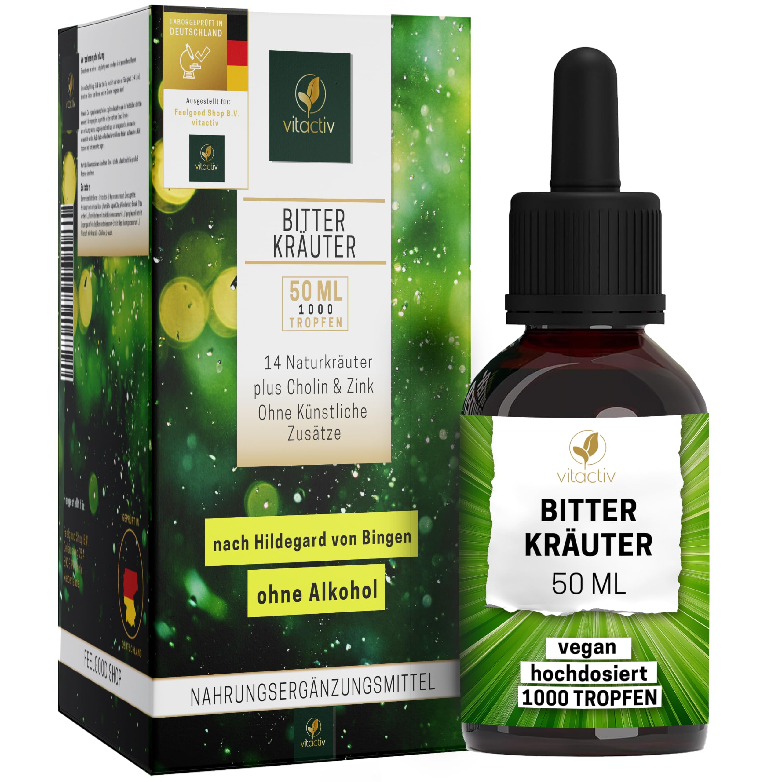 VITACTIV Bitterkräuter - Bittertropfen ohne Alkohol - Erlesene Kräuter plus Cholin & Zink - Bitterstoffe Tropfen nach Hildegard von Bingen - Ohne Künstliche Zusätze, Zuckerfrei, Vegan - 50ml