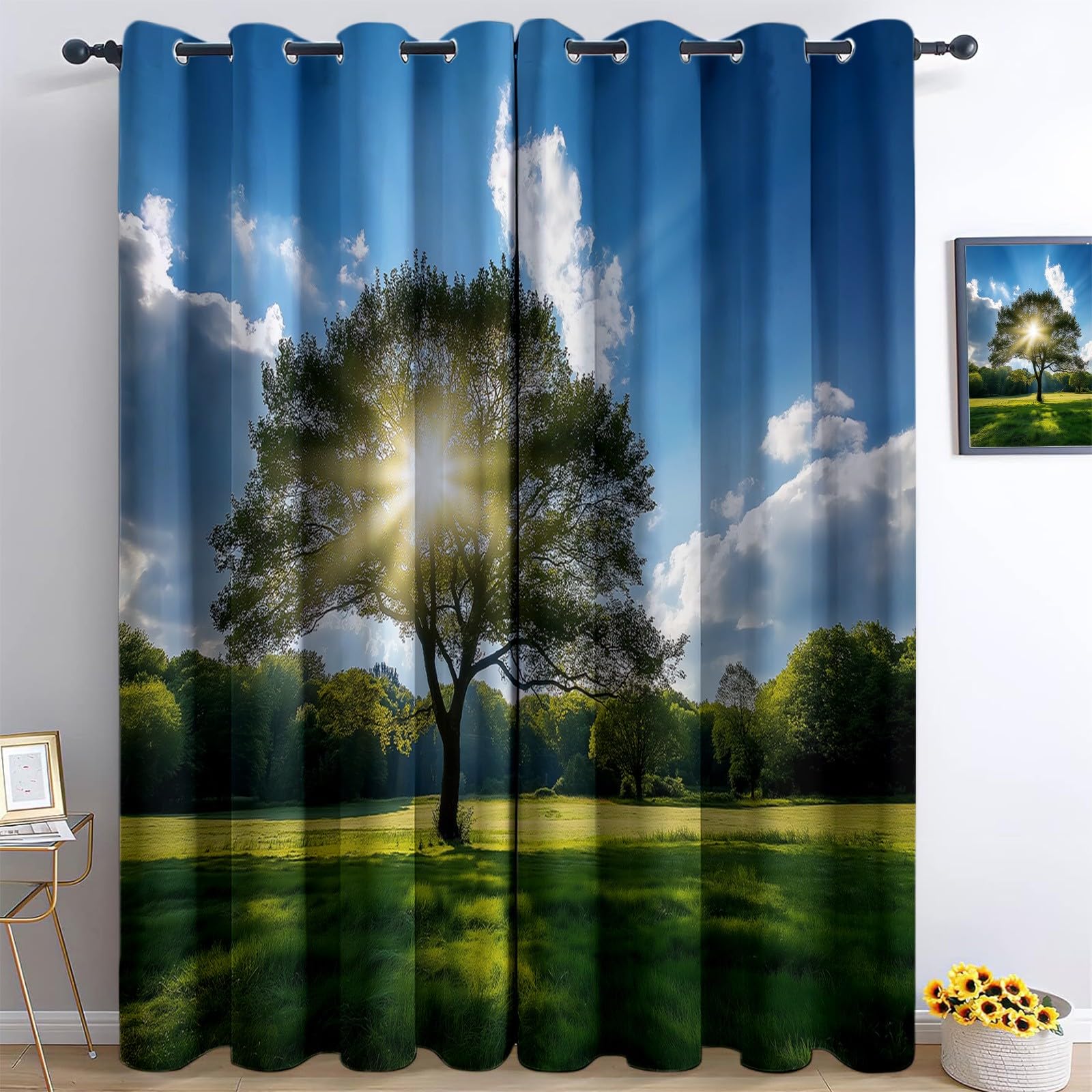 Genérico Escenario Natural Cortinas Opacas Cielo Azul Nubes Blancas Árboles Soleados,140 x 260 cm (2 Paneles), con Ojales – Tratamientos de Ventana Estampados para Dormitorio o Sala de Estar