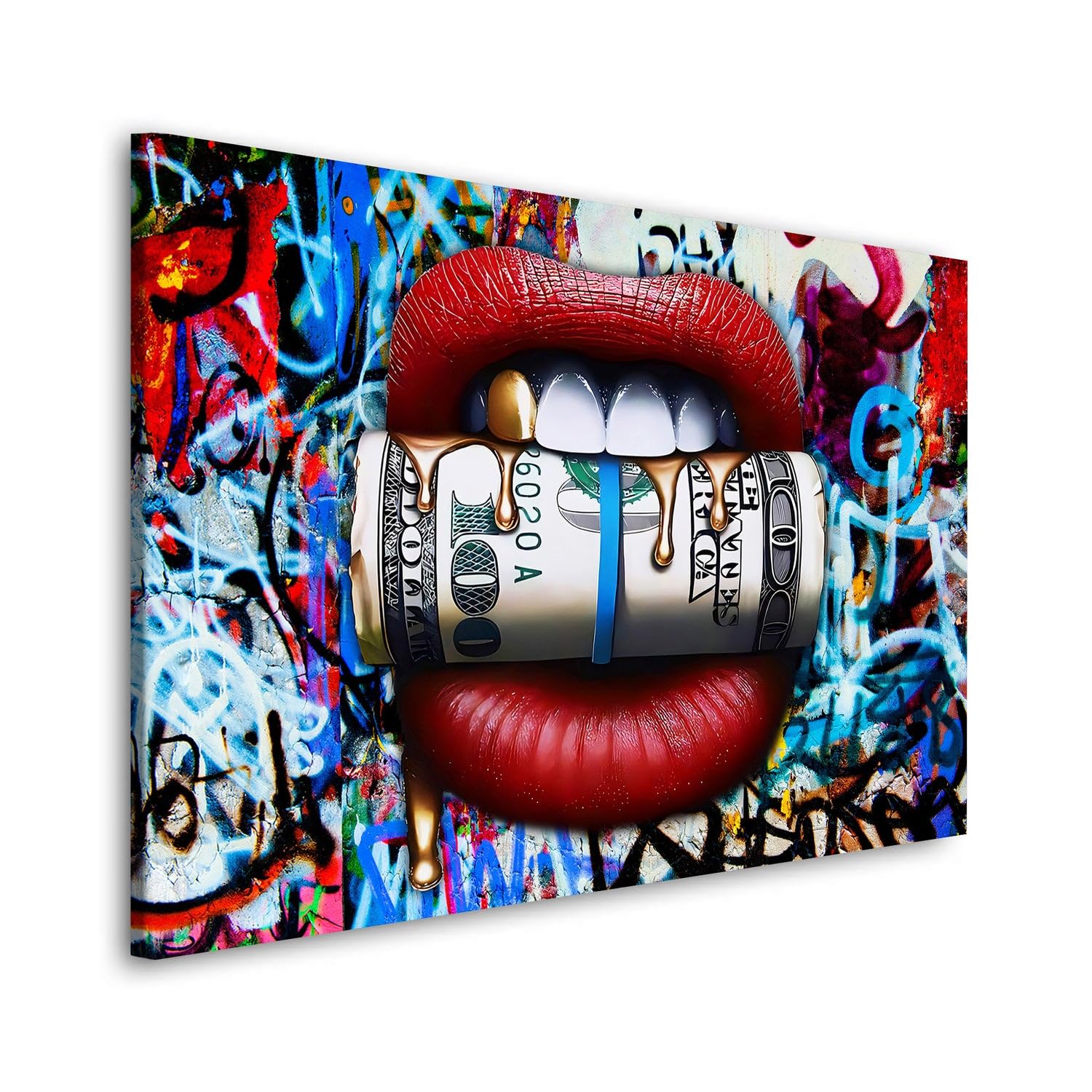Quadro Moderno Stampa su Tela Money Lips Graffiti Pop Art Style Canvas Dimensione 60x40x2cm