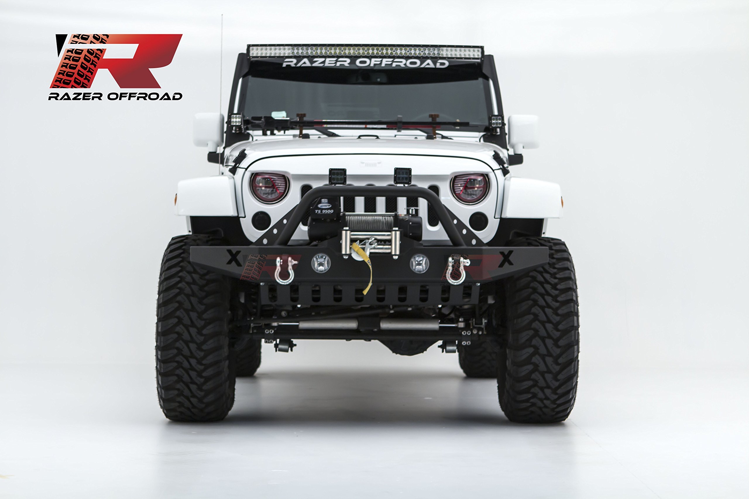 Black Rock Style Crawler Front Bumper with Skid Plate Compatible with 07 to 08 Jeep Wrangler JK, includes Winch Plate, D-Ring, Easy Installation, Rugged Textured Corrosion-Resistant Coating