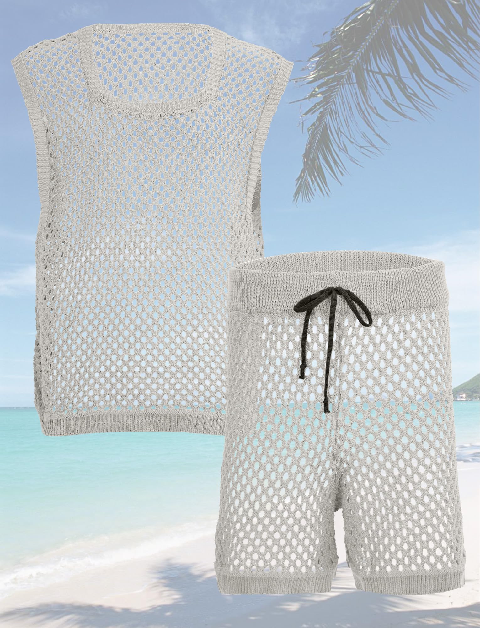 AIEOE Herren 2-Teiliges Netzanzug Gestrickter Fischernetz Set Kordel Mesh Shorts Shirt Sets M-3XL