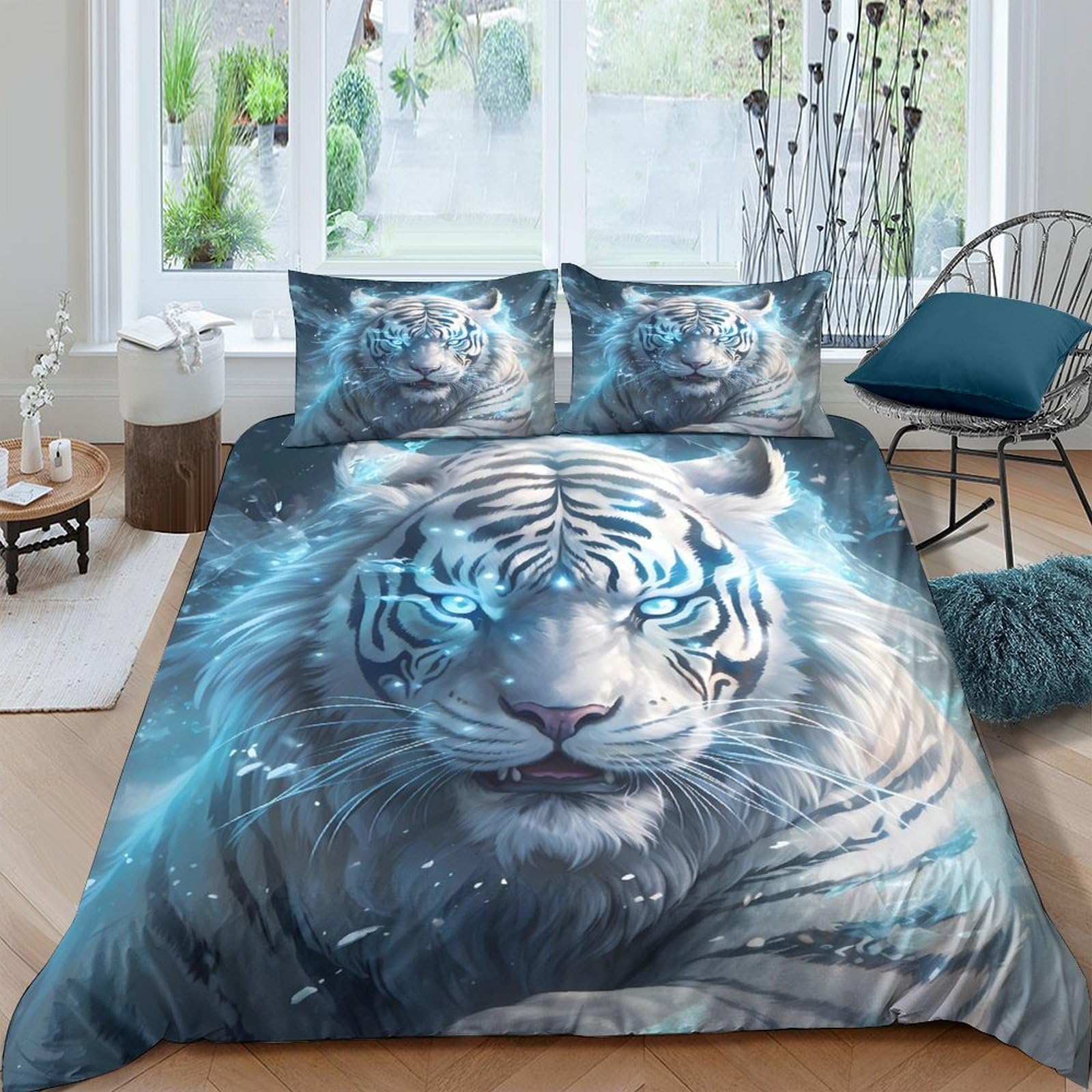 Ctjqhvkz Style-4 3D Printed White Tiger Fitted Sheet Microfiber Soft Breathable Blue Jungle Bed Sheet For Bedroom Guest Room Decor Single（135X200cm）