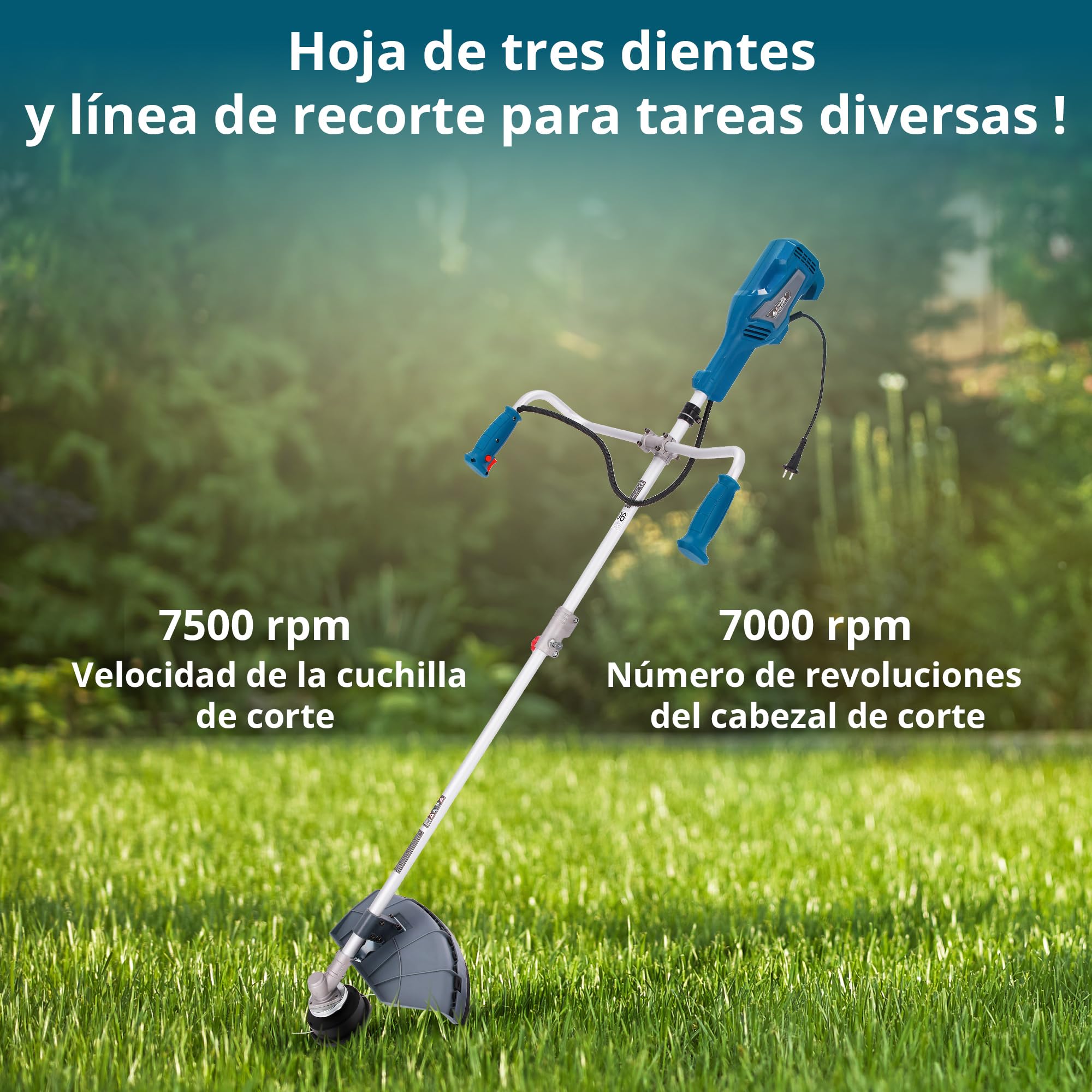 Könner & Söhnen KS BCT-1400 1400 W, Anchura de Corte 42 cm, Grosor de línea 1,6 mm, Cuchilla de Tres Hojas 255 mm, asa ergonómica para Bicicleta, Correa para el Hombro, Recortadora de jardín