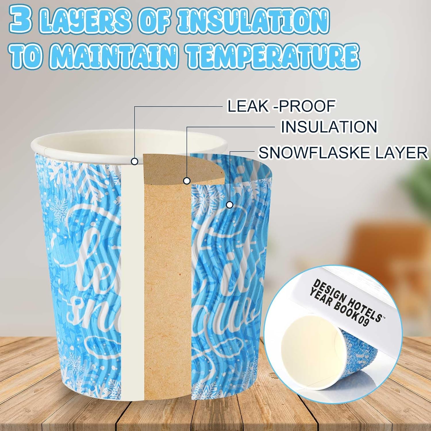 Nuogo 60 Sets 12 oz Christmas Disposable Coffee Cups with Lids Thick Winter Snowflake Paper Cups Insulated Ripple Wall for Christmas Travel Hot Chocolate Cocoa Tea Cold Drinks Liquids - Image 5