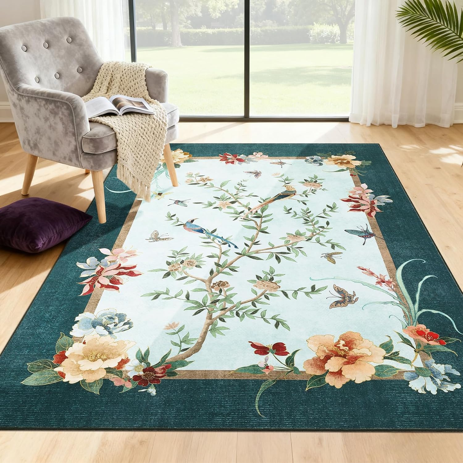 GarveeHome 6x9 Area Rugs Chinoiserie-Style Washable Rug 6x9 Oriental Colorful Butterfly Birds Floral Rug Non Slip Low Pile for Kids Living Room Bedroom Nursery Dining, Blue