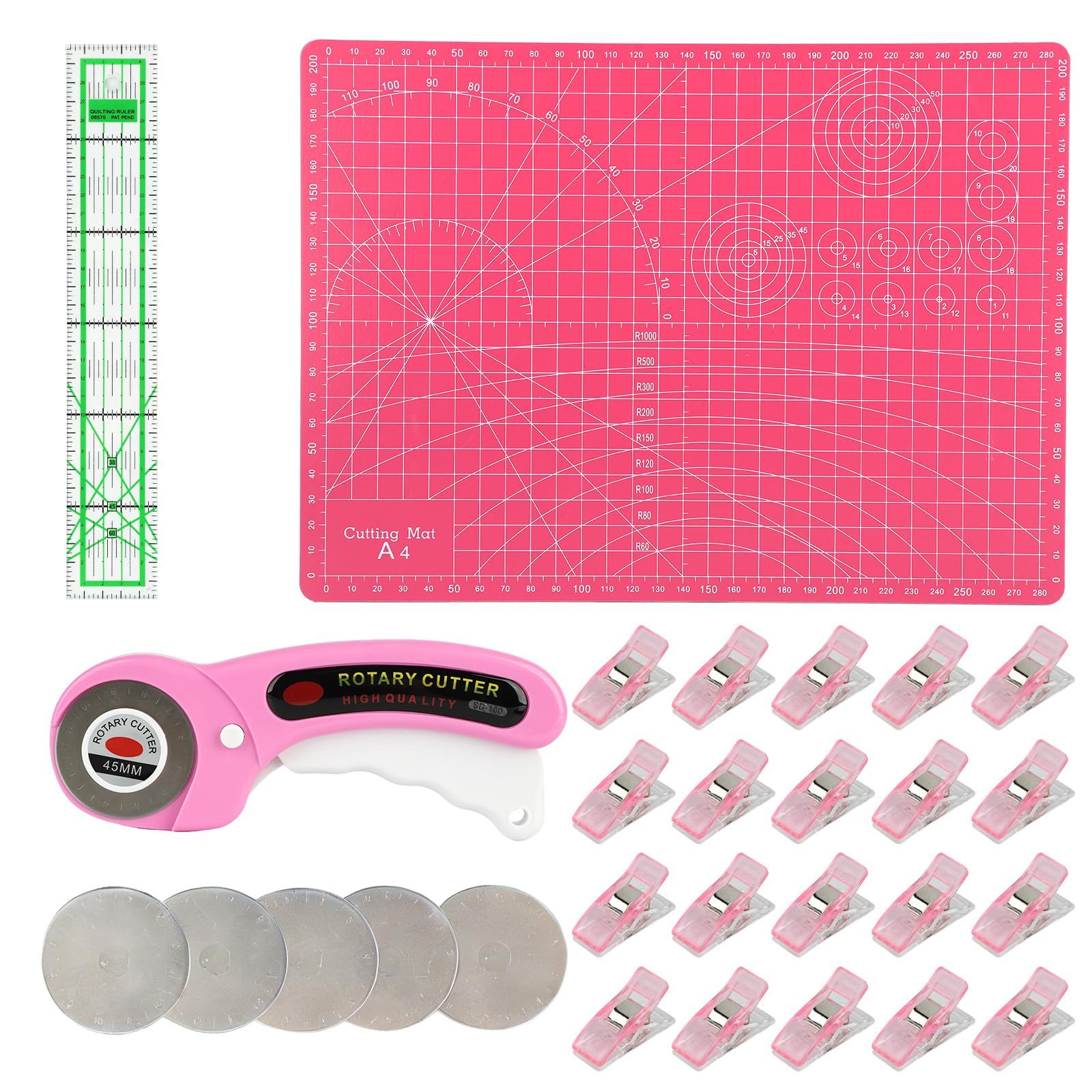BigKing Kit de Tapis de Decoupe A4 Avec 45 mm Cutter Rotatif Couture, 5 Lames de Rechange 1 Regle Couture en Acrylique Transparent Et 10 Pinces Couture, Pour la Couture L'artisanat