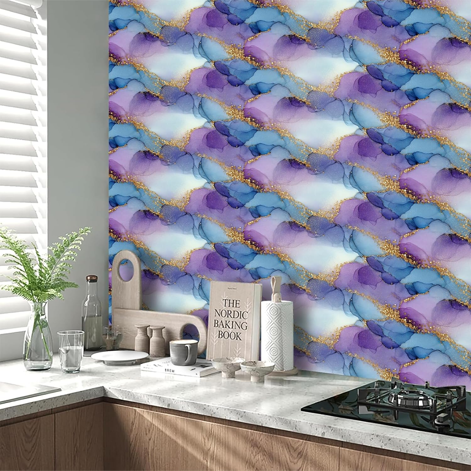 Ink Art Wallpaper Peel and Stick 17.7" x 118.1" Purple Blue Marble Contact Paper Removable Self Adhesive Vinyl Wall Decor for Bedroom Studio Glam Accent Wall