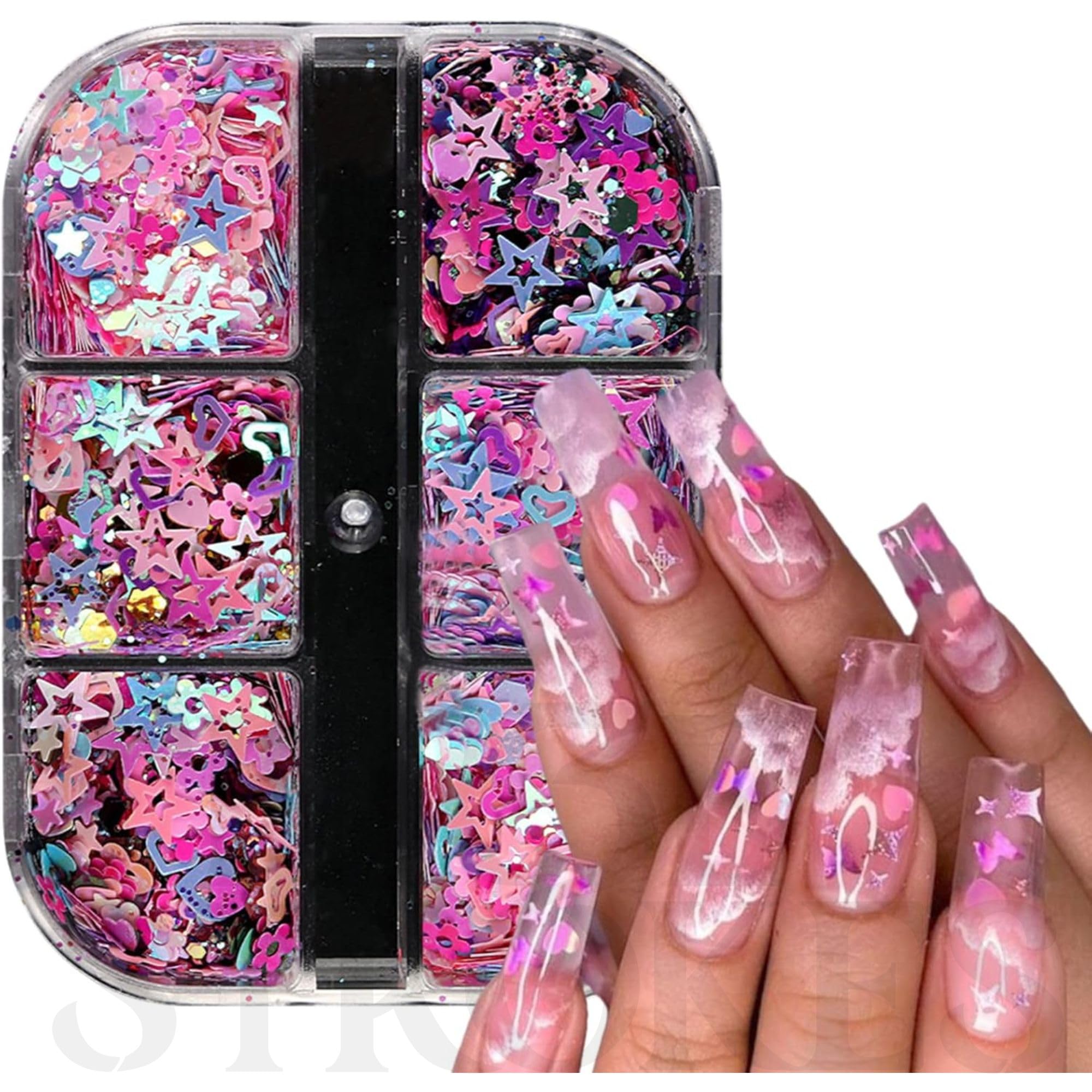 THR3E STROKES 12 Grid Heart Nail Art Glitters Mixed Hollow Star Flower Nails - Holographic Acrylic Powder Dust Sequins Decoration Supplies for Women