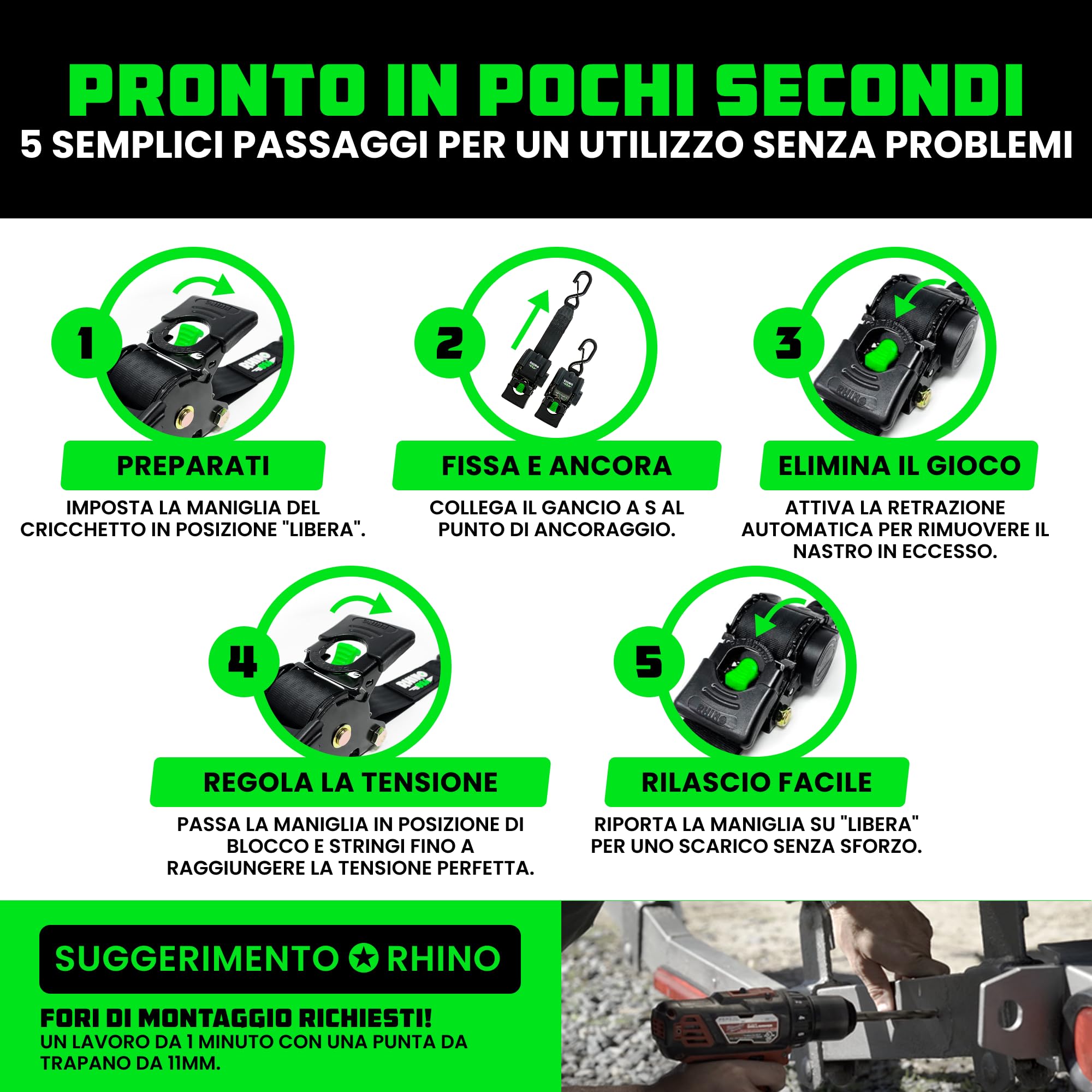 Rhino USA Cinghie Retrattili per Rimorchio Barca (Confezione da 2) - Cinghie di Fissaggio per Barca da 5cm x 1,1m, 1300kg - Fissaggio per Barca, Jet-Ski e altro! Verniciato a Polvere Nero, Acciaio