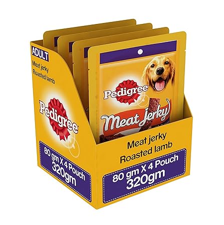 Pedigree Meat Jerky Adult Dog Treat, Roasted Lamb, 4 Packs (4 x 80g)