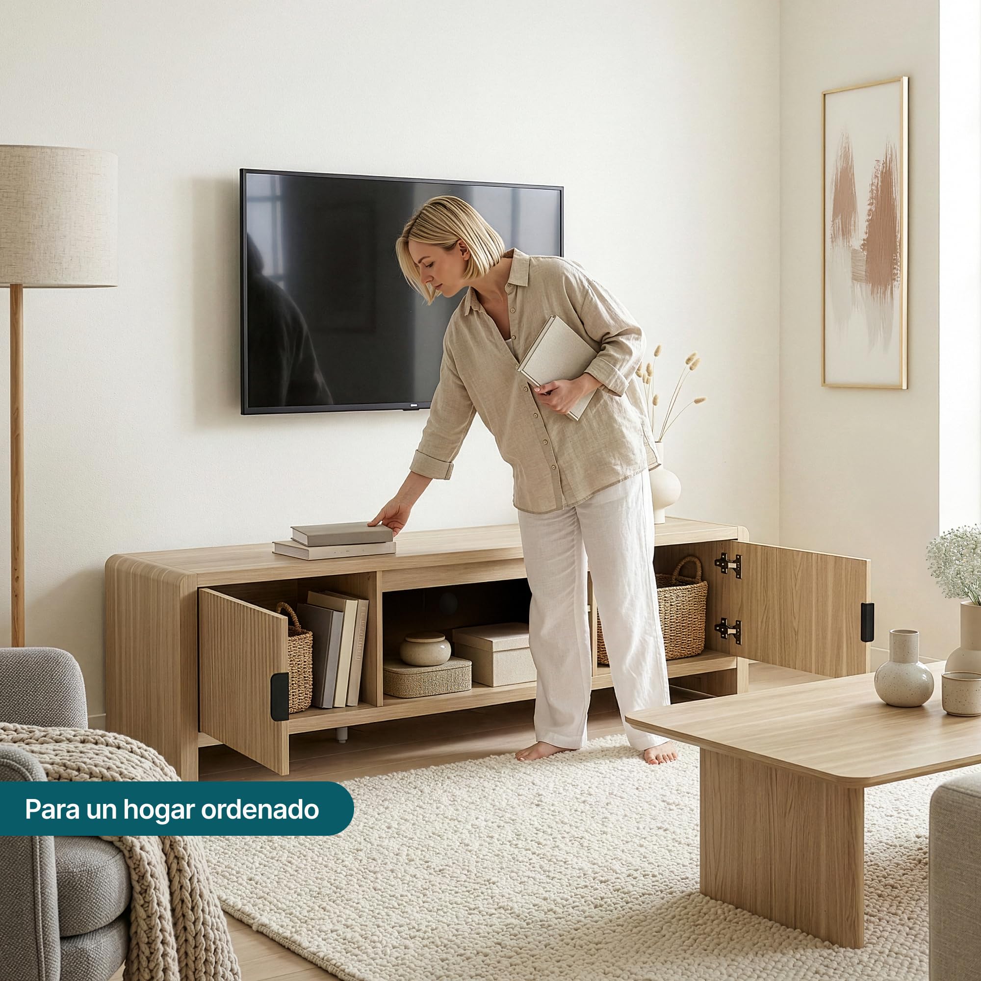 [en.casa] Mueble de TV Lukkodso con 1 Compartimento Abierto y 2 Cerrados 1 Pasacables Mueble de Salón con 2 Puertas Tablero Rectangular MDF 150 x 40 x 40 cm - Efecto Roble