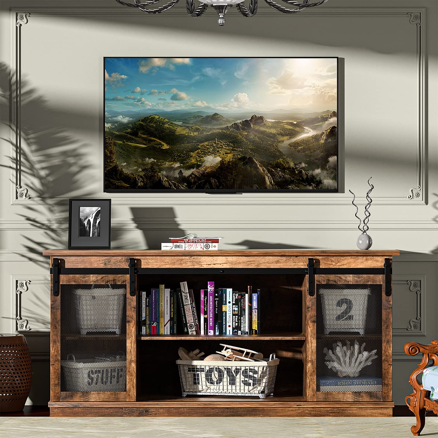 Buy YESHOMY Modern Farmhouse TV Stand with Two Barn Doors and Storage