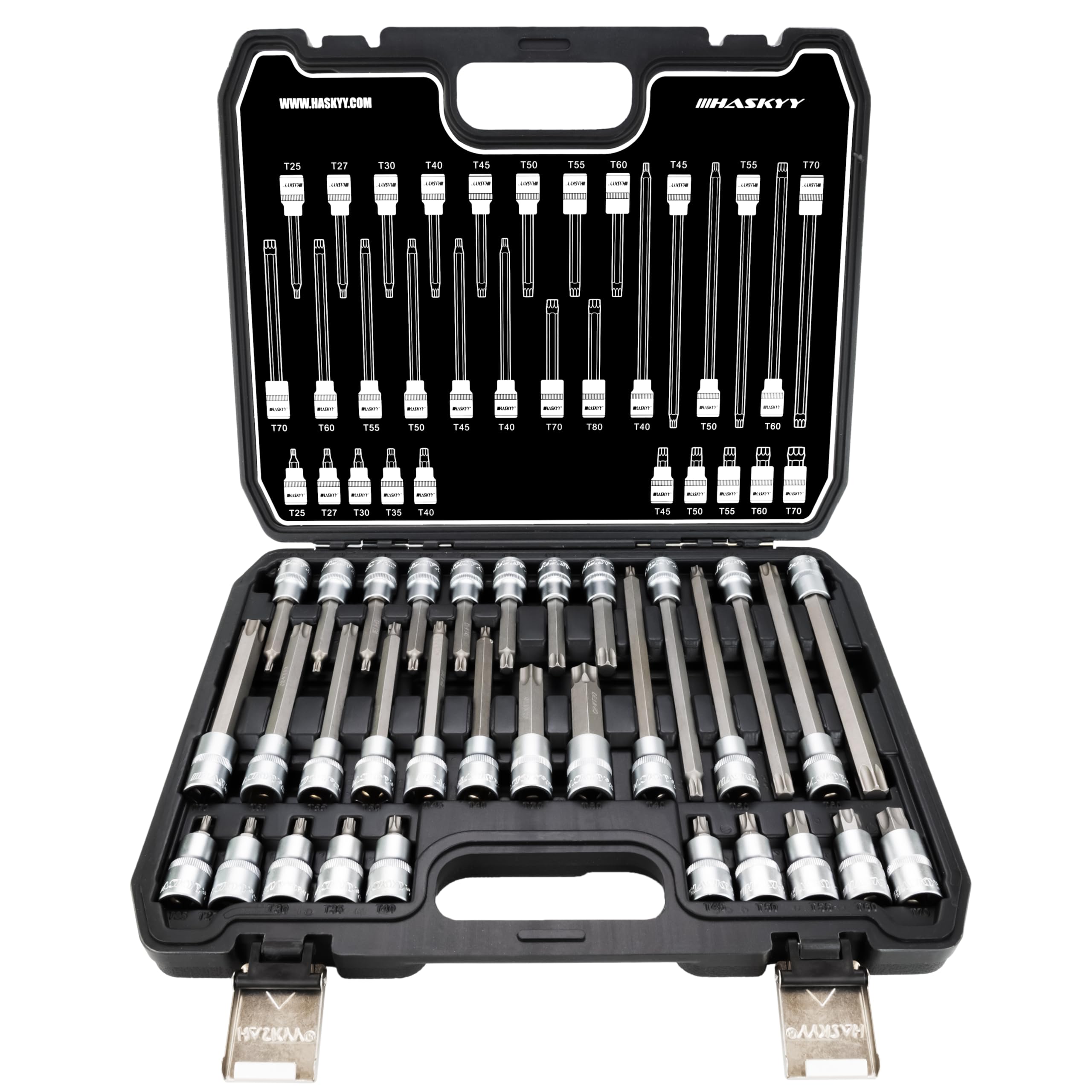 HASKYY 32 pezzi Set Inserti Torx set T25-T80 di chiavi a bussola Torx Acciaio Bit Socket Tool Kit imposta