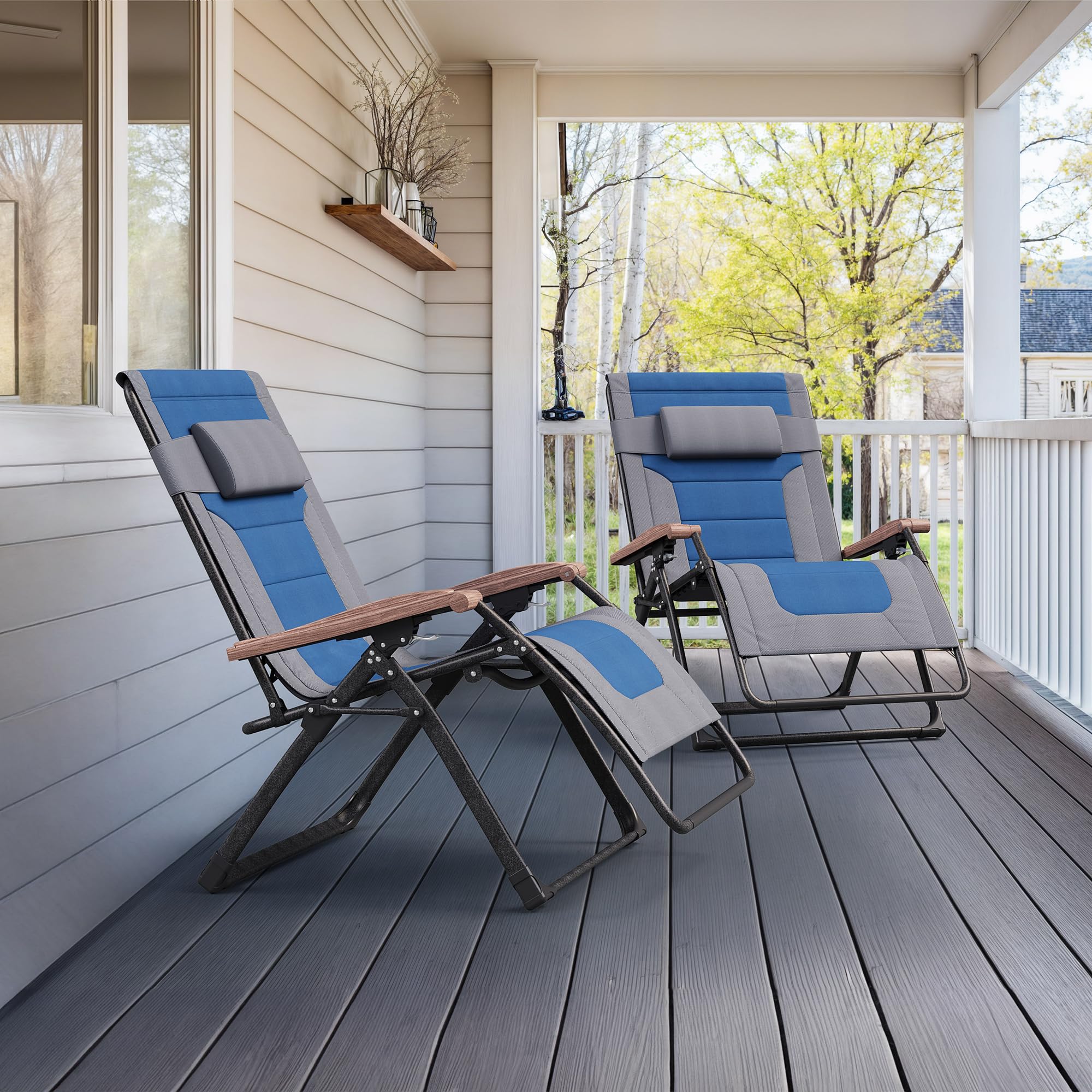 PURPLE LEAF Outdoor Reclining 2 Chair Extra Wide Quilted Cushion, Grey Blue