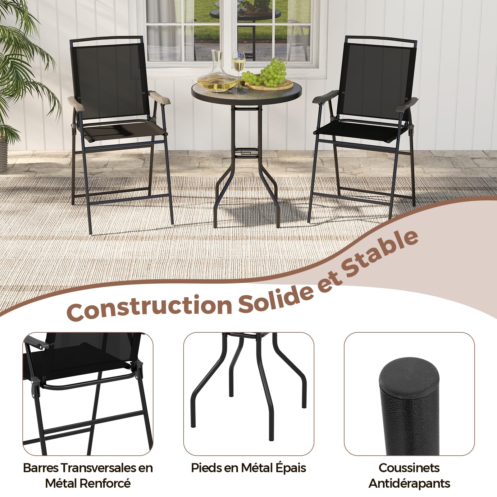 GIANTEX Ensemble Table et Chaise Bar, Mange Debout Extérieur 1 Table Haute en DPC 2 Chaises Bar Pliantes, Trou de Parasol de 42 mm, Ensemble Bistrot pour Jardin, Patio, Balcon, Noir