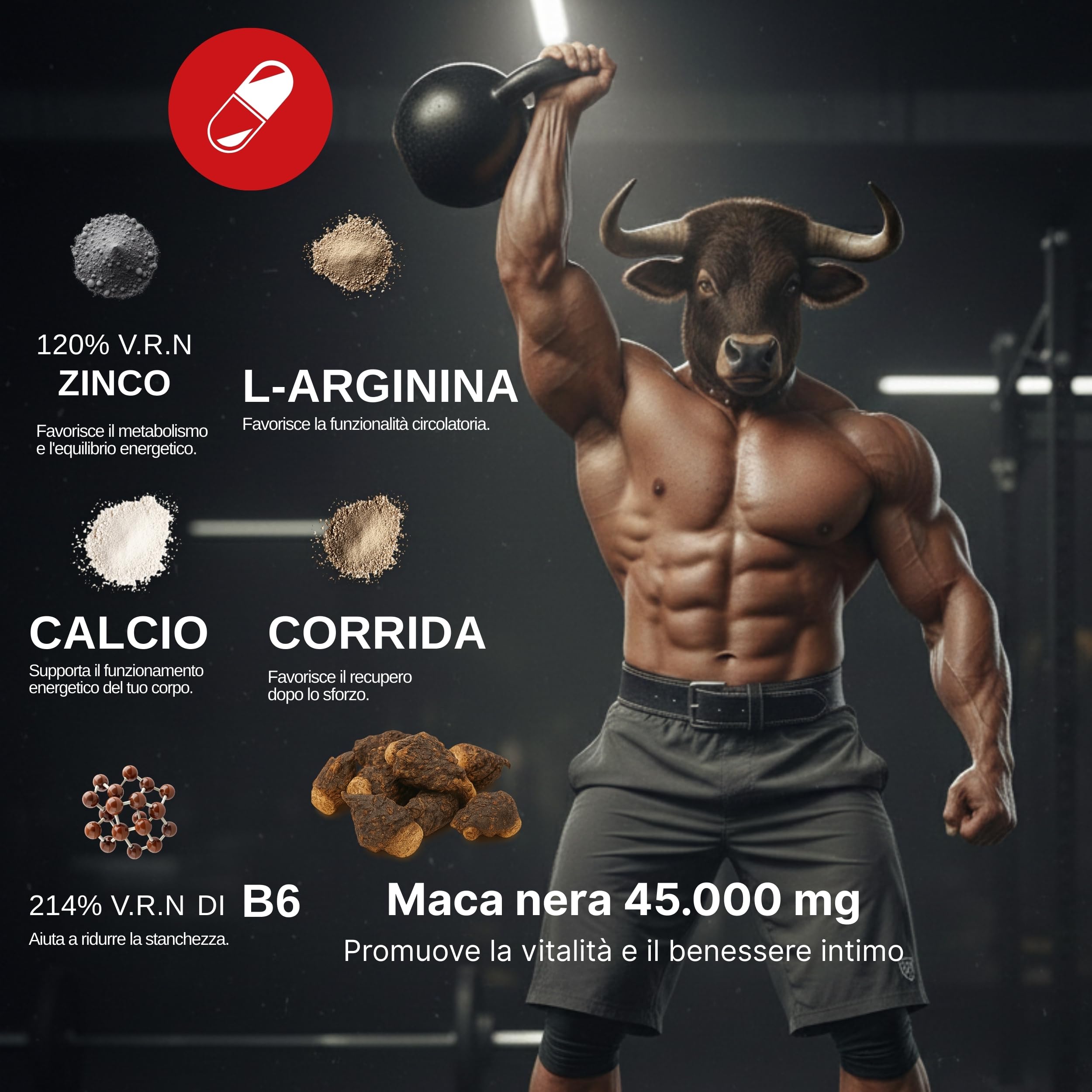 Maca Peruviana Plus – Maca Nera 45.000 mg Equivalenti (100:1), Arginina, Taurina, Vitamina B6 – Testosterone Uomo – 180 Capsule – Vegano, Senza Glutine né Lattosio – Pre workout, Energia e Muscoli