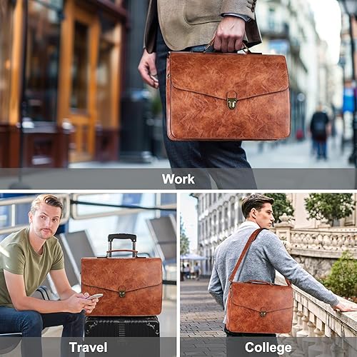 Miniatura 2 de ESTARER Maletín de cuero para hombre de 15.6 pulgadas, bolsa de mensajero para computadora portátil, bolsa de hombro para computadora profesional de