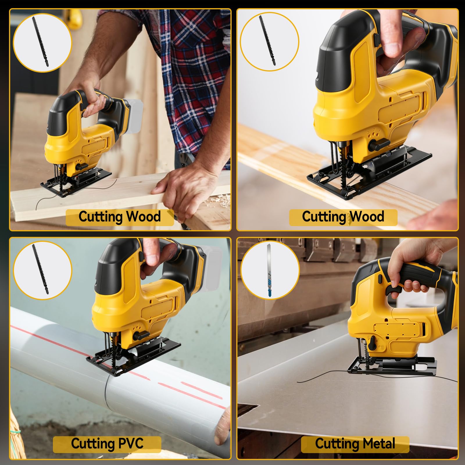 Sierra de calar inalámbrica compatible con baterías DEWALT de 18 V/20 V, 20.000 rpm, motor sin escobillas, 4 posiciones de carrera, regulación de velocidad continua, carrera de 23 mm, 0-2750 carreras