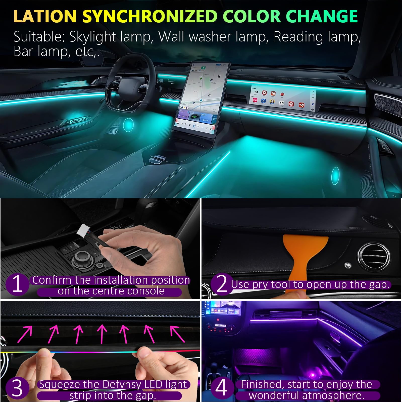 Defvnsy Illuminazione a LED per interni auto, 17 in 1 RGB in acrilico per interni, 64 colori, universale, decorazione per interni auto, atmosfera dinamica, luce al neon con controllo APP