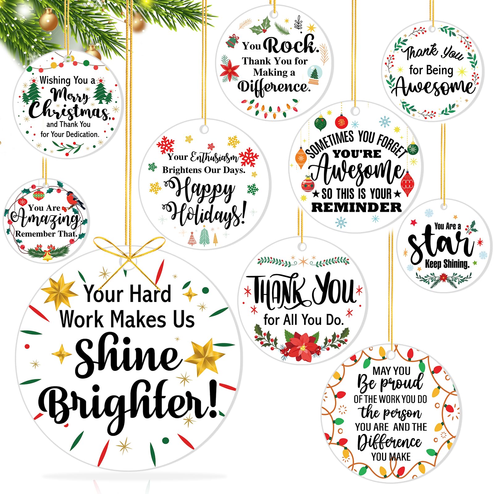 HOWAF 10pcs Christmas Thank You Gifts for Colleagues Ornament, Acrylic Christmas Tree Ornaments Hanging Plaque Keepsake Employee Appreciation Gifts Team for Staff Xmas Tree Decor, B