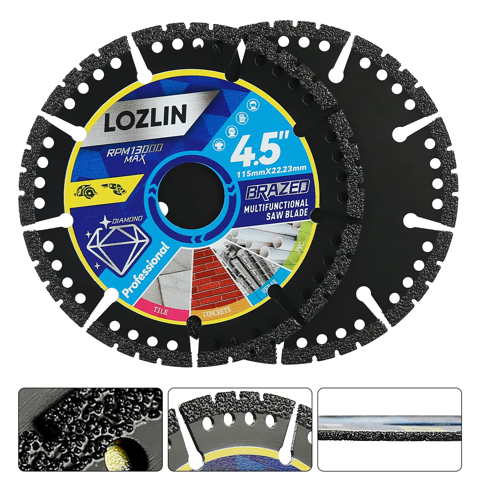 LOZLIN Confezione da 5 lame diamantate multiuso da 11,4 cm, dischi per smerigliatrice angolare per taglio marmo/quarzo/pietra/piastrelle/metallo/plastica (denti neri, 5)