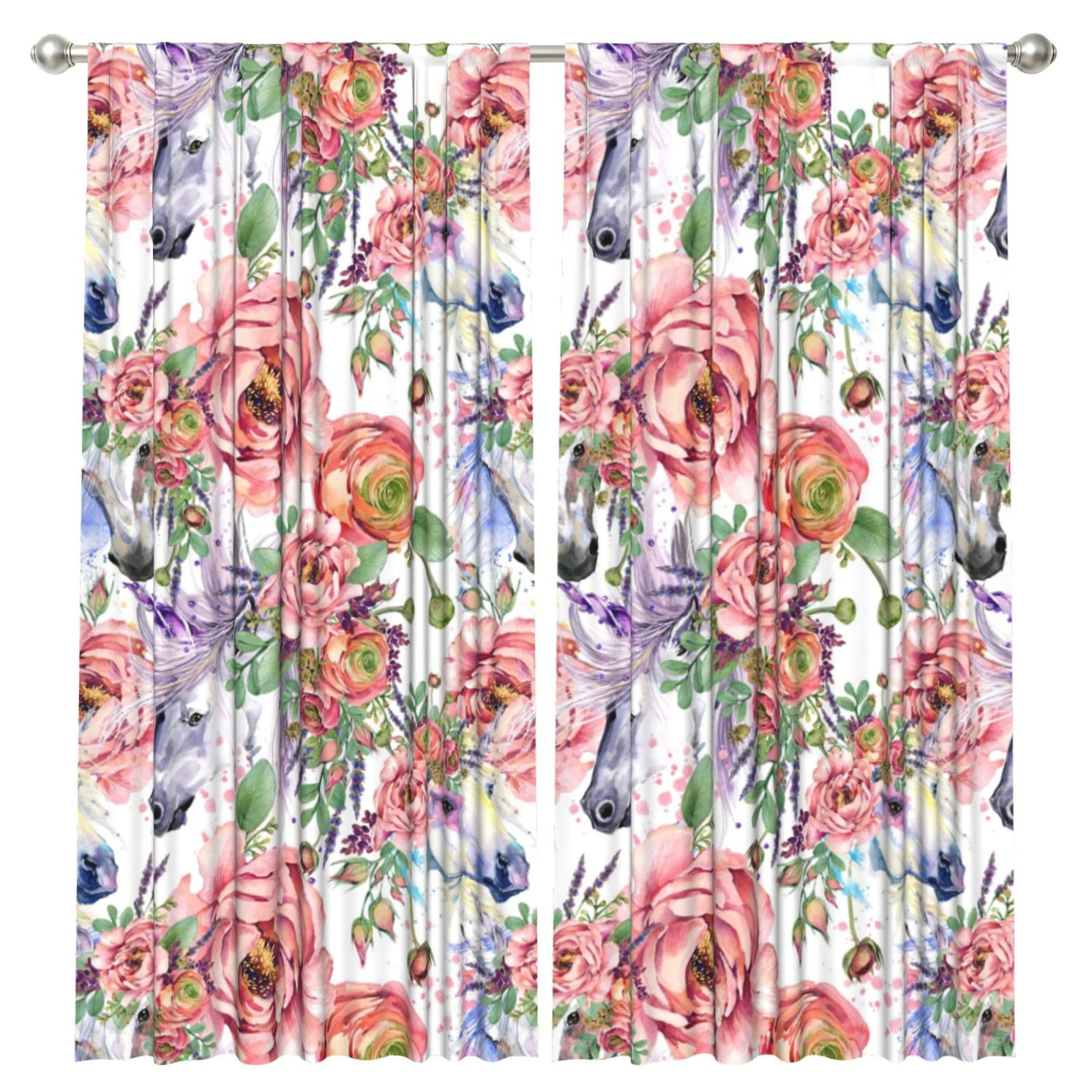 InOmak Watercolor Horse Roses Flowers, 2 Panels Window Curtains 52 x 84 Inch Blackout Curtains for Living Room Bedroom