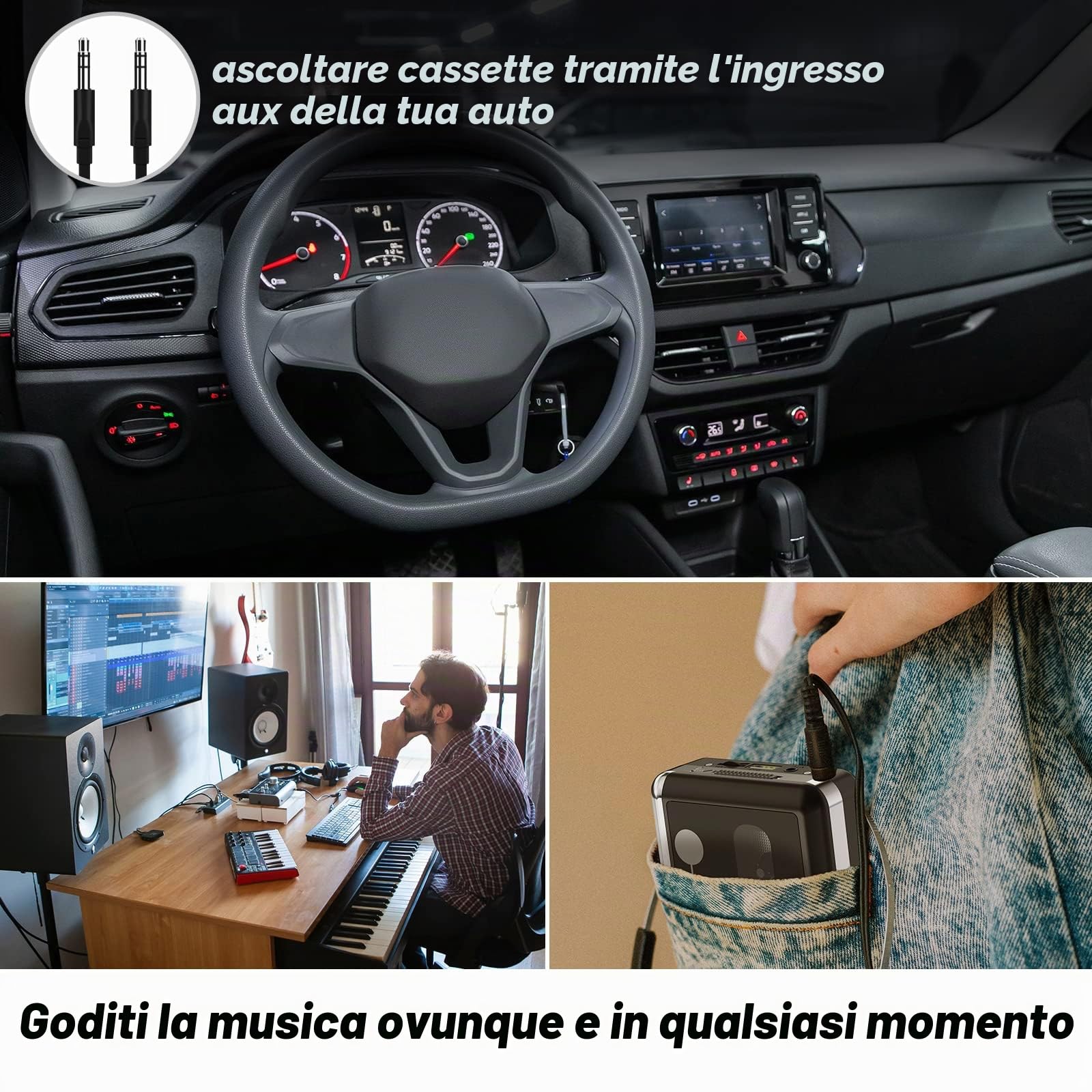 Lettore di Cassette Portatile Convertitore da Cassetta a MP3 USB Digitale con Auricolari
