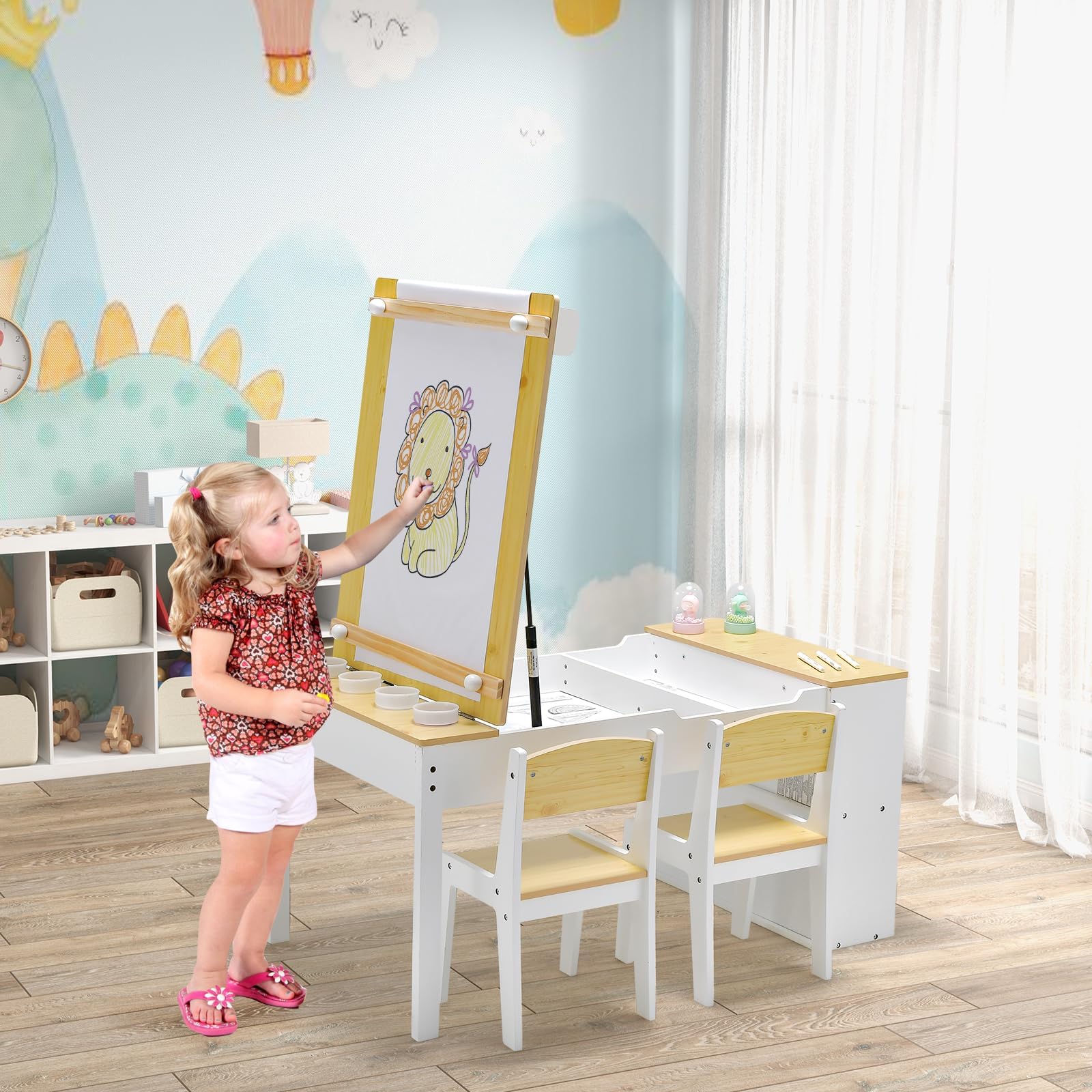 RELAX4LIFE Mesa Infantil con 2 Sillas, Mesa y Silla Infantil de Madera para Niños con Encimera Elevable, 2 Espacio Interior, 6 Cajones de Tela, 4 Tazas para Pintar y Rollo de Papel (Natural)