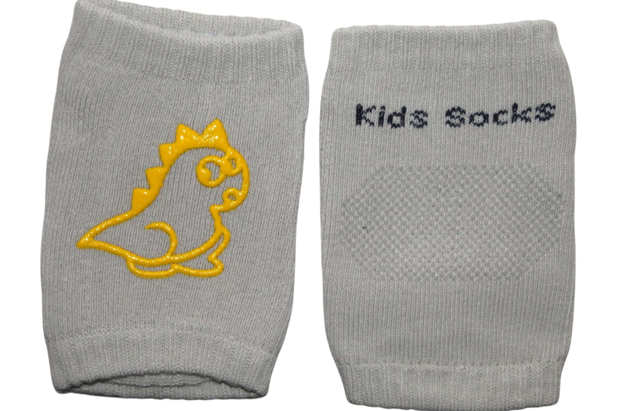 NEOSPACE Kids Knee Pads, Bunny and Dinosaur Design, Yellow and Gray Cotton Protective Gear, Anti-Slip Crawling Socks for Toddlers and Babies, Pack of 2 Pair 1