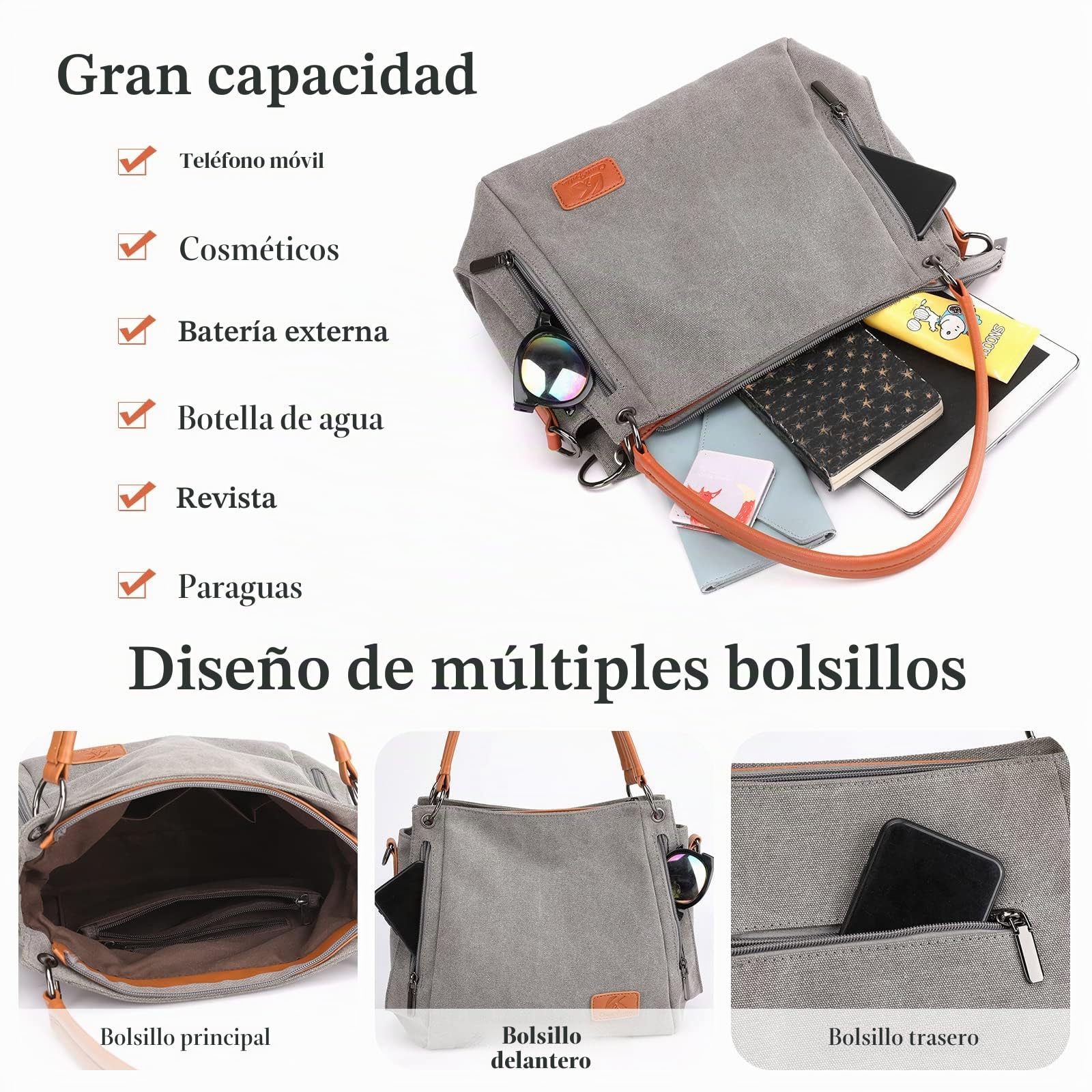 CORIOS Retro Bolso de Mano para Mujer Bolso de Hombro Lona Bolso Bandolera Gran Capacidad Bolso Tote Bolsa Shopper Multifuncional Bolsa de Ocio para Trabajo Compras Citas Viajes Gris