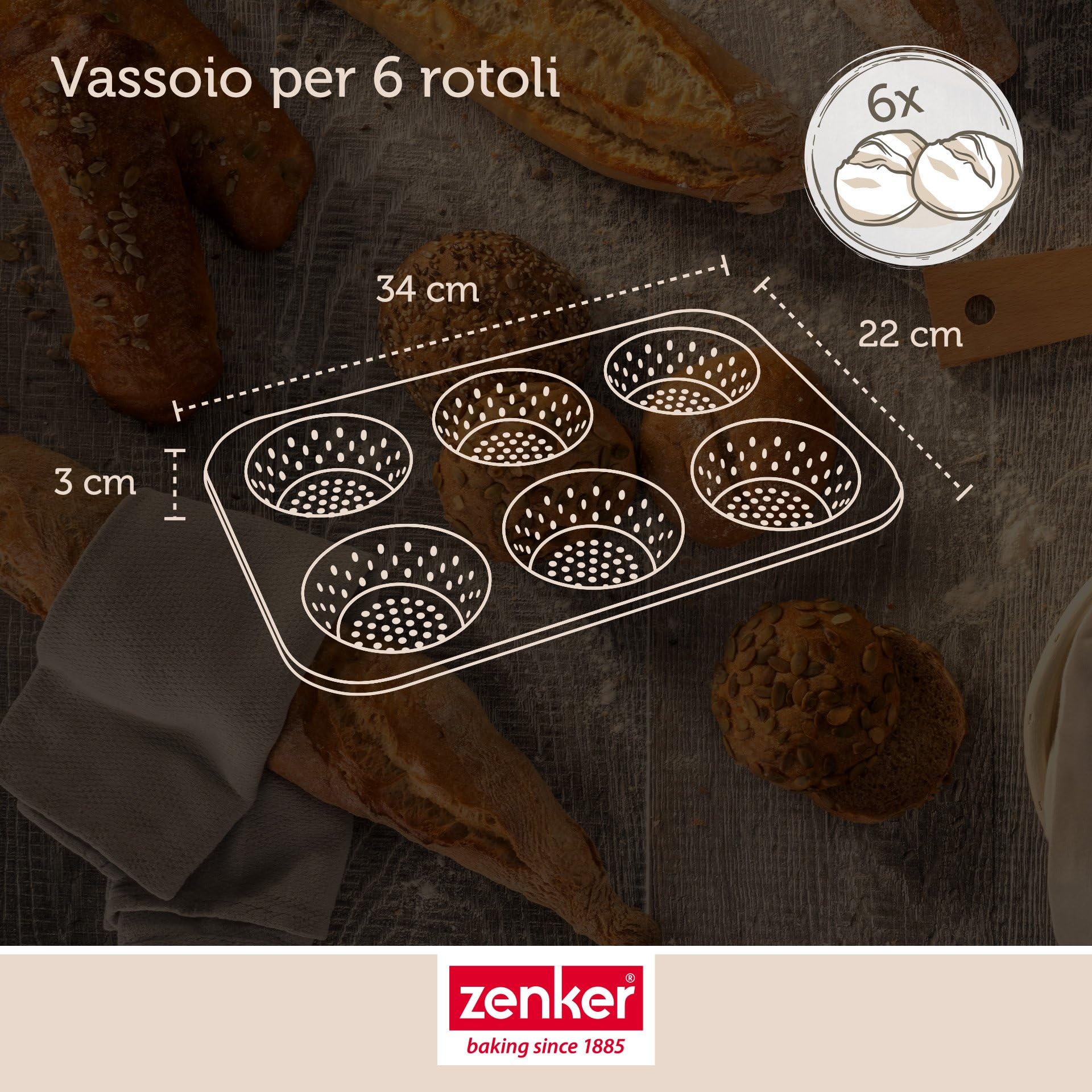 Zenker 6 teglie per panini – Stampo perforato per panini croccanti – Rivestimento antiaderente che impedisce l'incollaggio – Resistente al calore fino a +230°C, 34 x 22 x 3 cm
