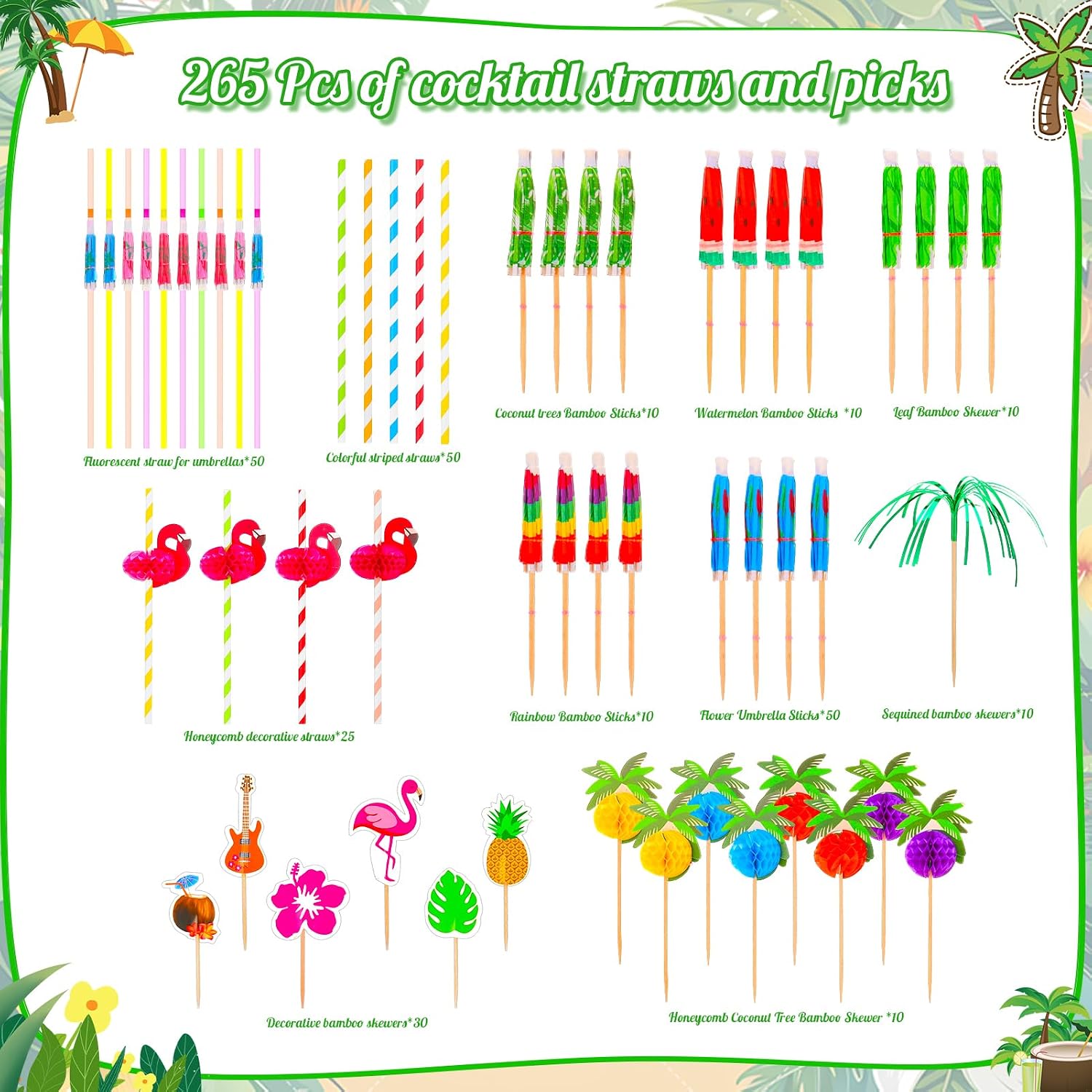 265 PCS Drink Umbrellas, Cocktail Umbrellas, Fruit Picks Tropical Party Accessories, Colorful Straws for Tropical Luau Beach Pool Bar Hawaiian Party Decorations