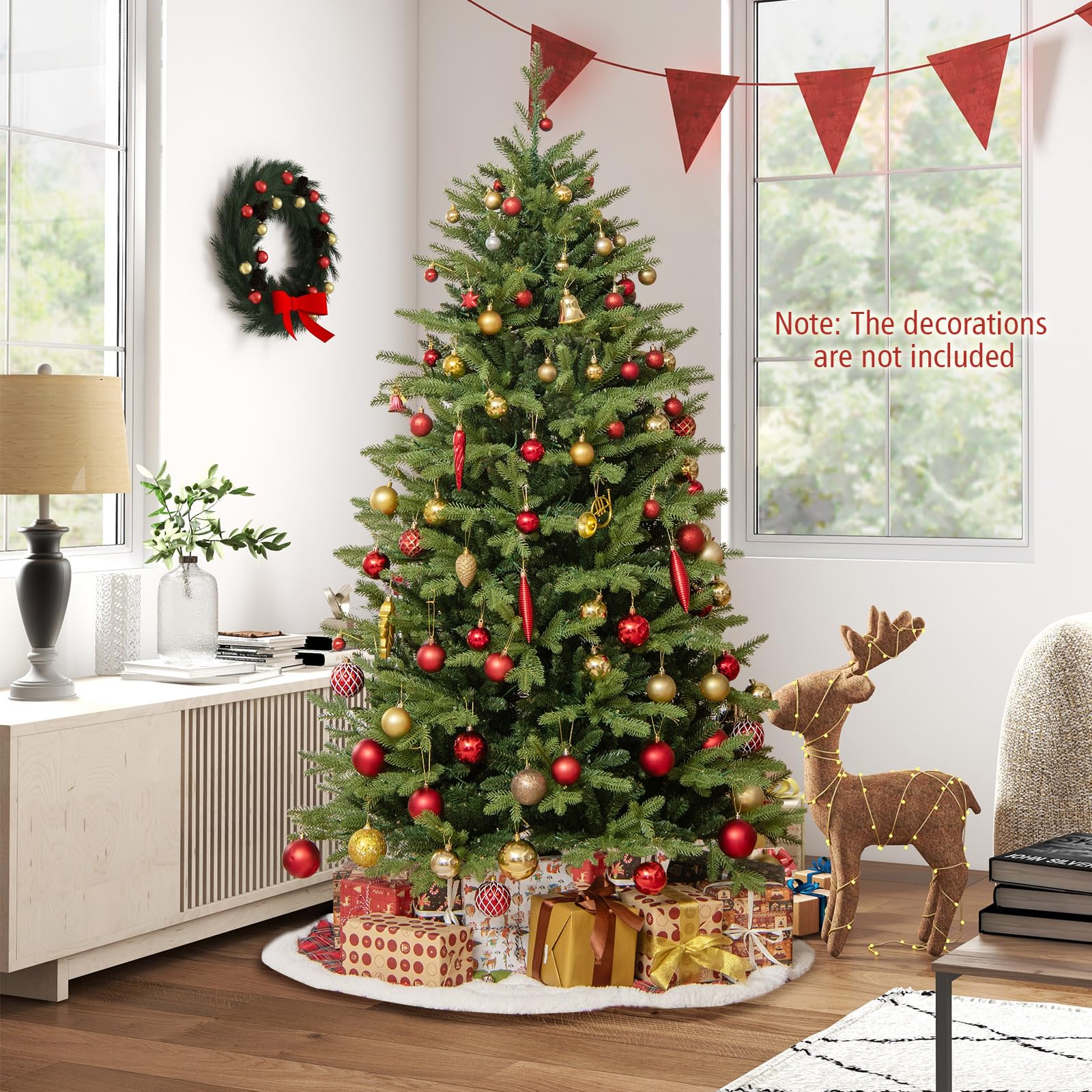 KOMFOTTEU Árbol de Navidad Artificial con Luces LED con 11 Modos, Control Remoto, Árbol Navideño de PVC con Base de Metal, Árbol de Decoración Navideña para Hogar, Tiendas, Oficina (180 cm)