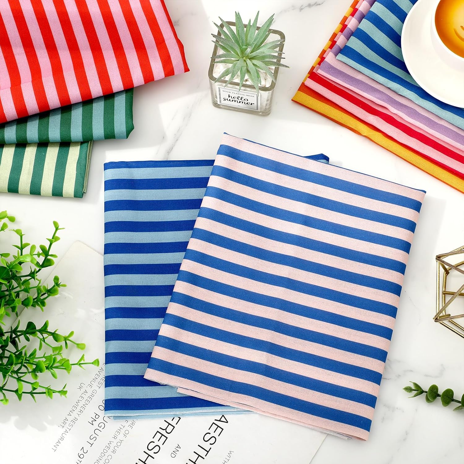Whaline 12 Pcs Colorful Cotton Fabric Bundles Fat Quarters Multicolor Stripe Sewing Fabrics for Spring DIY Craft Party Decor, 18 x 22 Inch